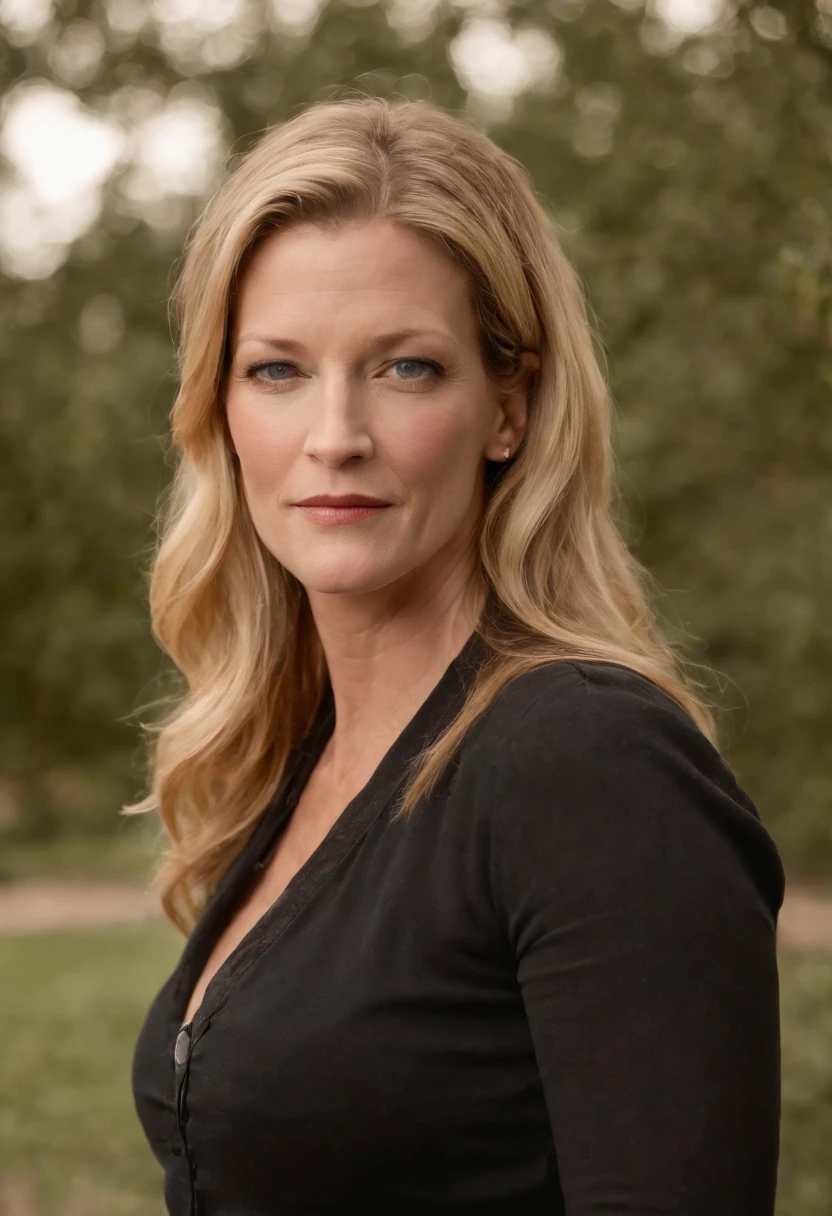 debout dans un parc, Anna Gunn the actress of Breaking Bad, a l'age de 35 ans , very high quality, Baby skin, sans ride, American, sexy, gros joux, gros sein, elle une femme ronde sexy, It weighs 80 kg