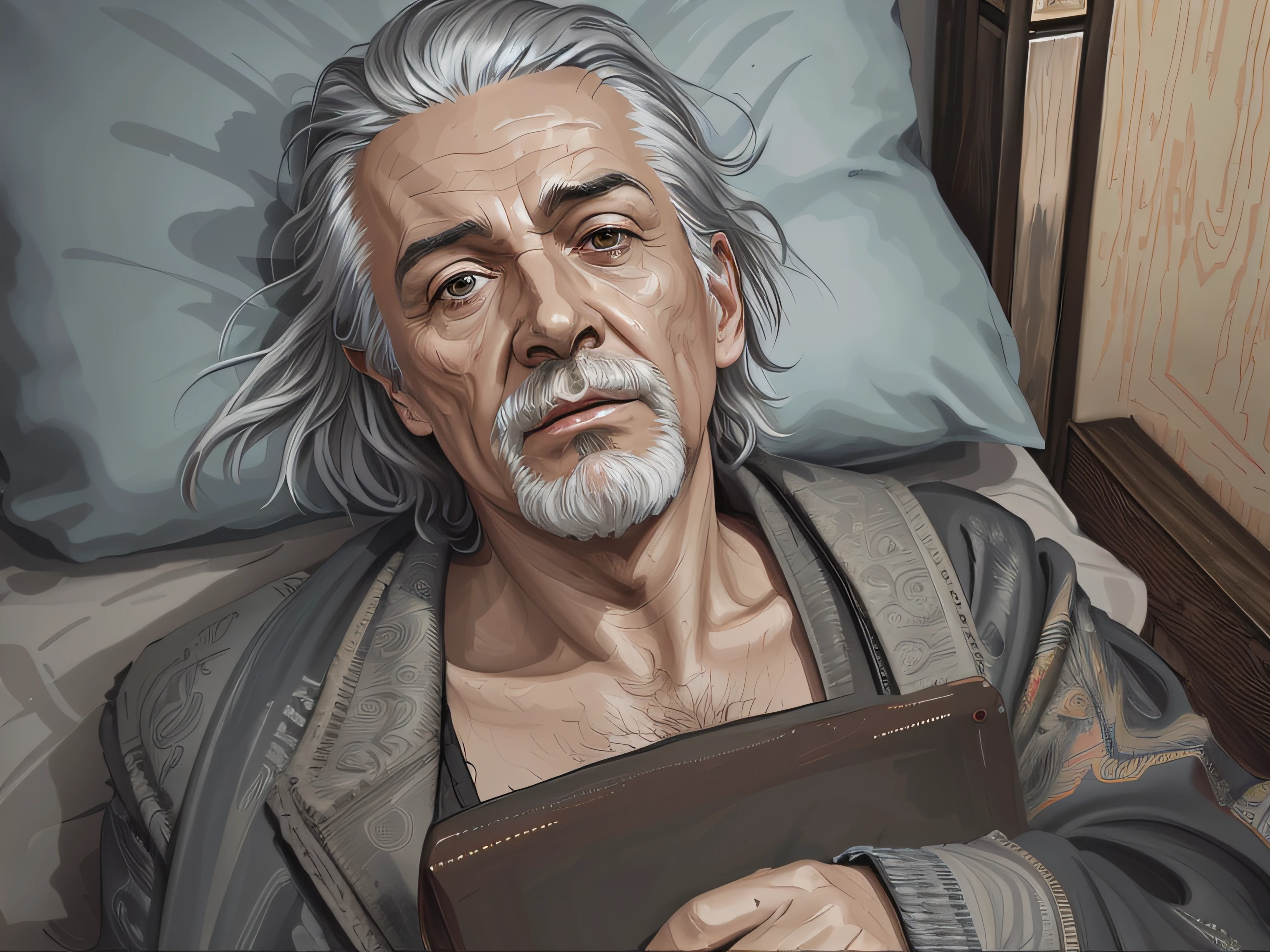 there is a man laying in bed with a book in his lap, full art illustration, cyberpunk middle-age man with black and white hair, detailed digital painting, detailed character portrait, very detailed digital painting, painted portrait of rugged odin, detailed fanart, painted in anime painter studio, full color illustration, realistic fantasy illustration, high detail digital painting, inspired by Malczewski, frail