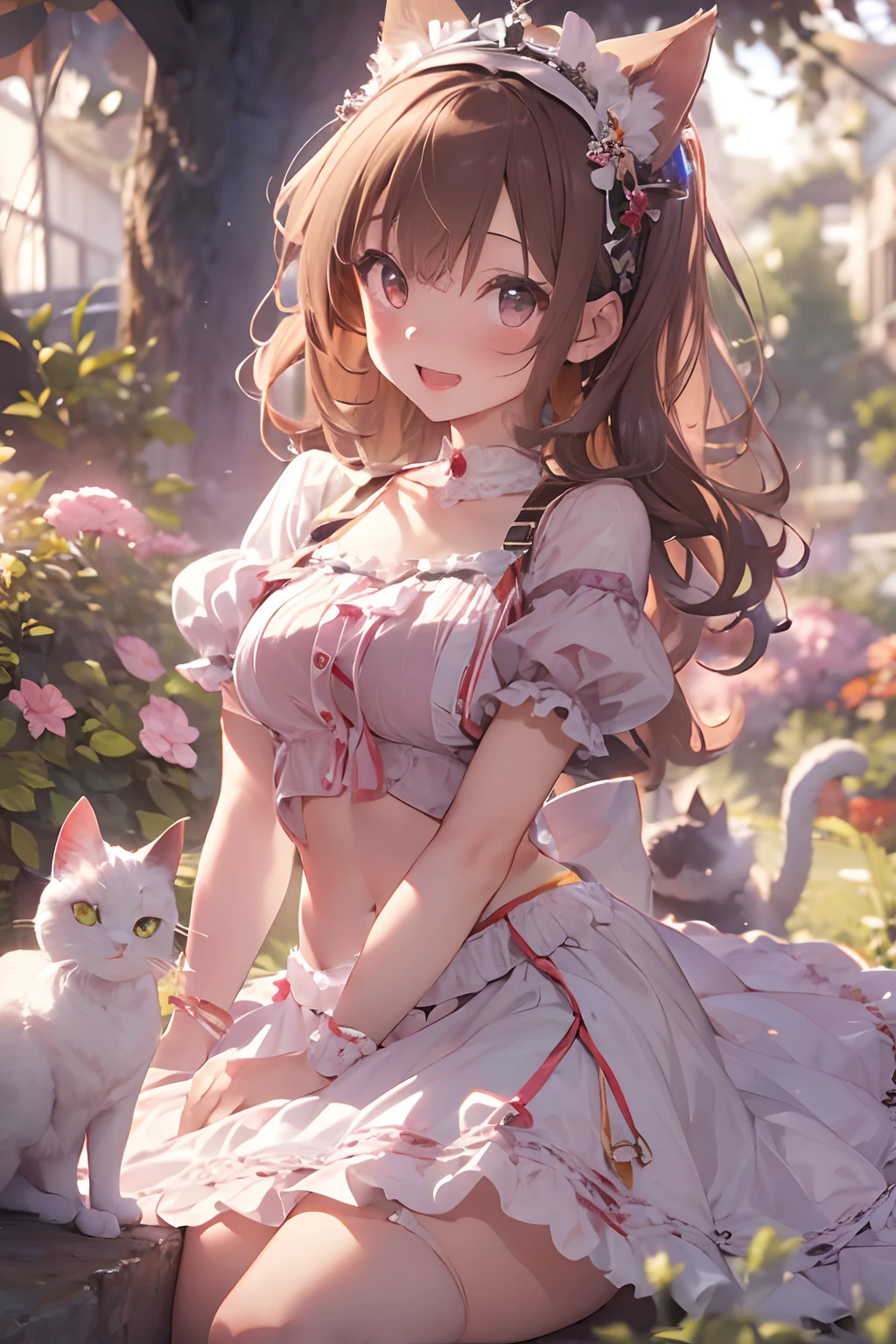 masterpiece, highest quality, High resolution, aamikoto, short hair, Frilled Skirt、Jumping, Outdoor,barefoot,Looking up,Embarrassed face,Cat-like、Angle from below、Big Breasts,Cat ear