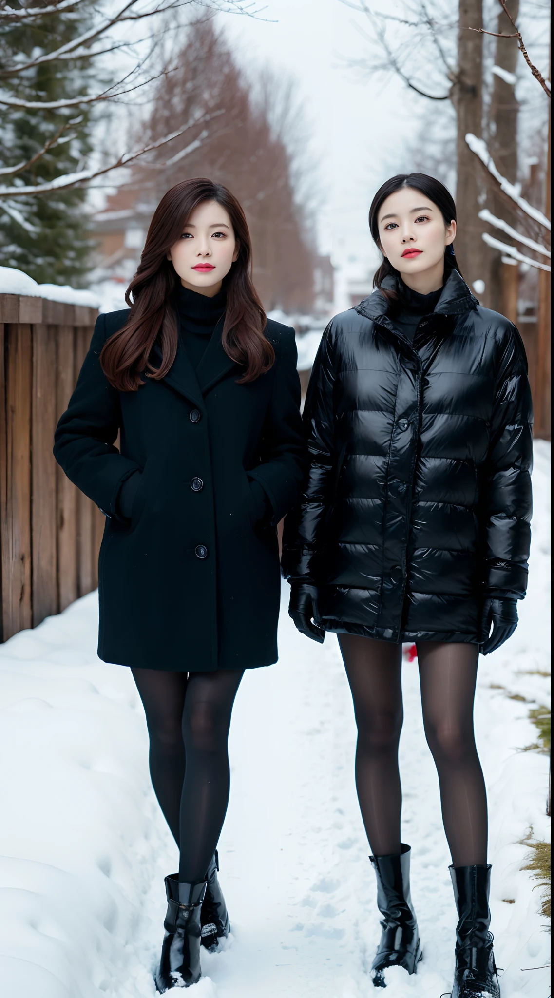 (RAW photo:1.2), (hyper-realistic:1.4), a group of beautiful woman standing side by side, full body, beautiful detailed female, A high resolution, very detailed, best quality, unified 8k wallpaper, best quality, Slender perfect figure, winter fashion photoshoot, padded jacket, black turtle neck, leader pants, wearing leather gloves, black footwear, high knee boots, Korean style makeup, healthy, face perfect, beautiful skin, Chinese beauties, snow background
