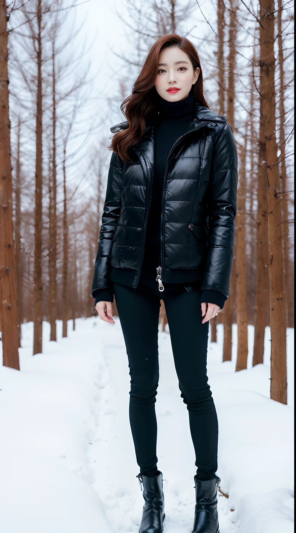 (RAW photo:1.2), (hyper-realistic:1.4), a group of beautiful woman standing side by side, full body, beautiful detailed female, A high resolution, very detailed, best quality, unified 8k wallpaper, best quality, Slender perfect figure, winter fashion photoshoot, padded jacket, black turtle neck, leader pants, wearing leather gloves, black footwear, high knee boots, Korean style makeup, healthy, face perfect, beautiful skin, Chinese beauties, snow background