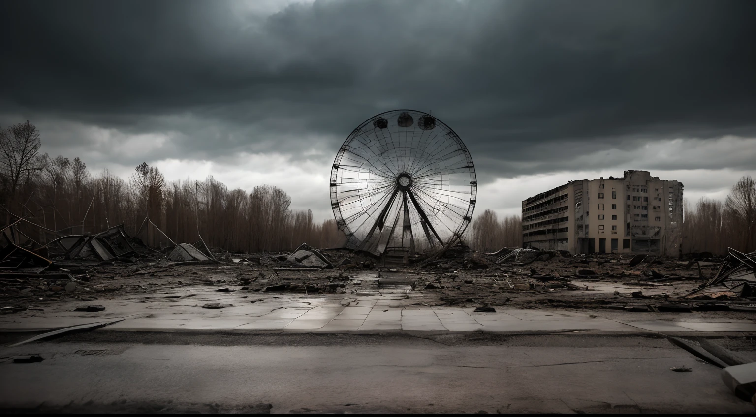 Apocalyptic ruins of the Chernobyl nuclear disaster. Wheel (attraction) abandoned and faded, apocalyptic atmosphere, a strange silence reign concretized by dark clouds, uprooted trees, broken glass, destroyed monuments, ruined buildings, abandoned streets (Cinematic lighting, 16k, Best quality, Hdr, Best resolution, centerpiece: 1.2), Bokeh, Realistic photography, Canon 5d4