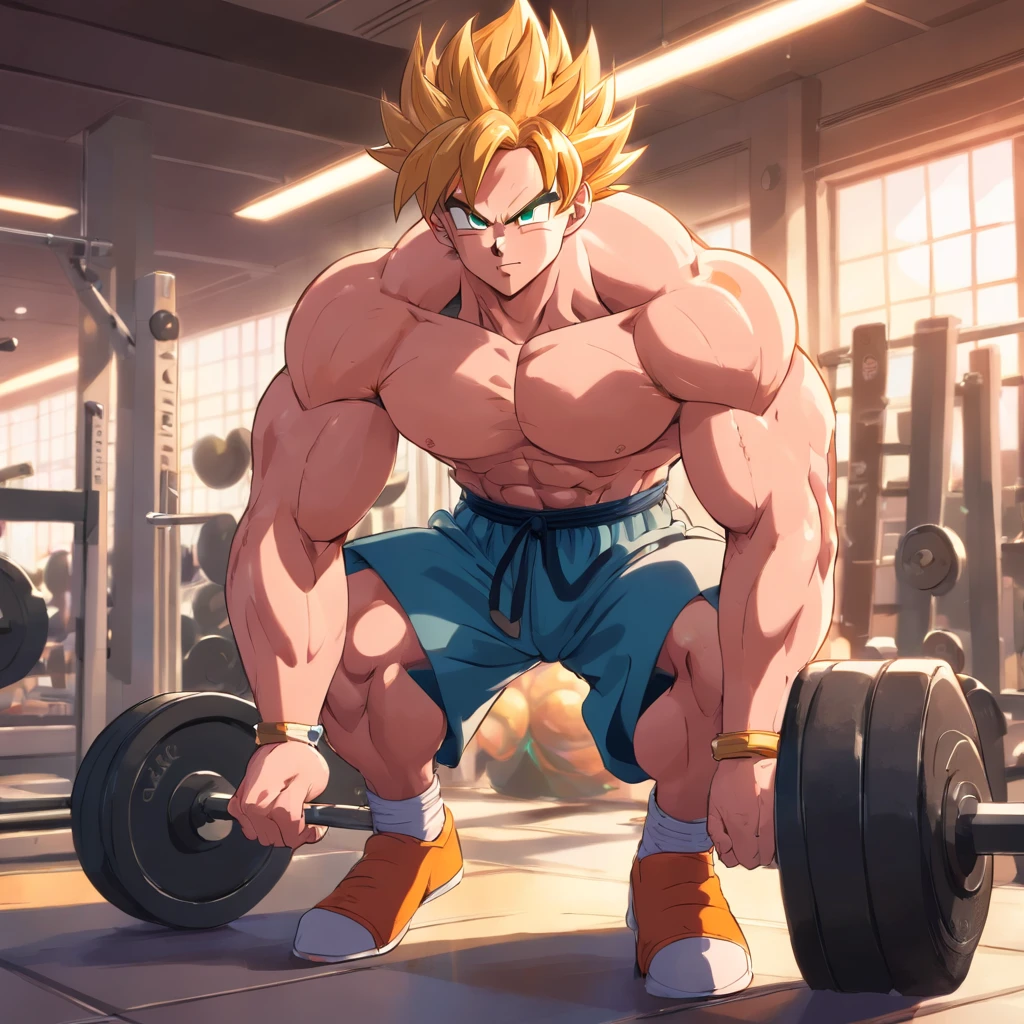 A detailed drawing of Son Goku training intensely in a bodybuilding gym. from behind with an extremely large and round booty