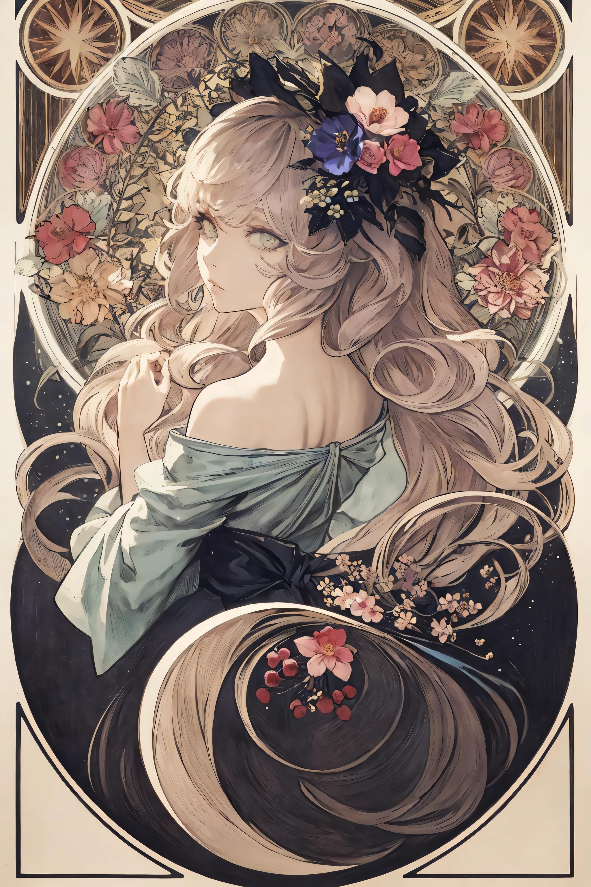 (art nouveau:1.25), Maximalism artstyle,neon theme,suprematism,beautiful detailed flower, beautiful detailed eyes,hyper detailed,flower,hyper quality,,eyes,flower and hair is same color,beautifuly color,face,her hair is becoming flower, flower,hair,flower,butterfly,,1girlkawaii,,high details, high quality,back light,hair and clothes is flower,upper body ,high quality,hair with body ,webbed dress, upper body, flower leg, flower hands,body with flower,    flower with clothes , dress with flower, , light particles,black background,  Hair with flower,small breast with flower,floating hair with flower,floating1girl,small breast,  marbling with hair and clothes, looking at viewer,original,arm down, paper cutting, black background, flower forground,  hair with flower,highres, hair with  flower,hair with flower ,hair,  wavy hair ,diffusion lighting, abstract,Butterfly with  body,   flower with hair, her hair is flower,big top sleeves, floating,pupils, [[hair over one eye]],dark