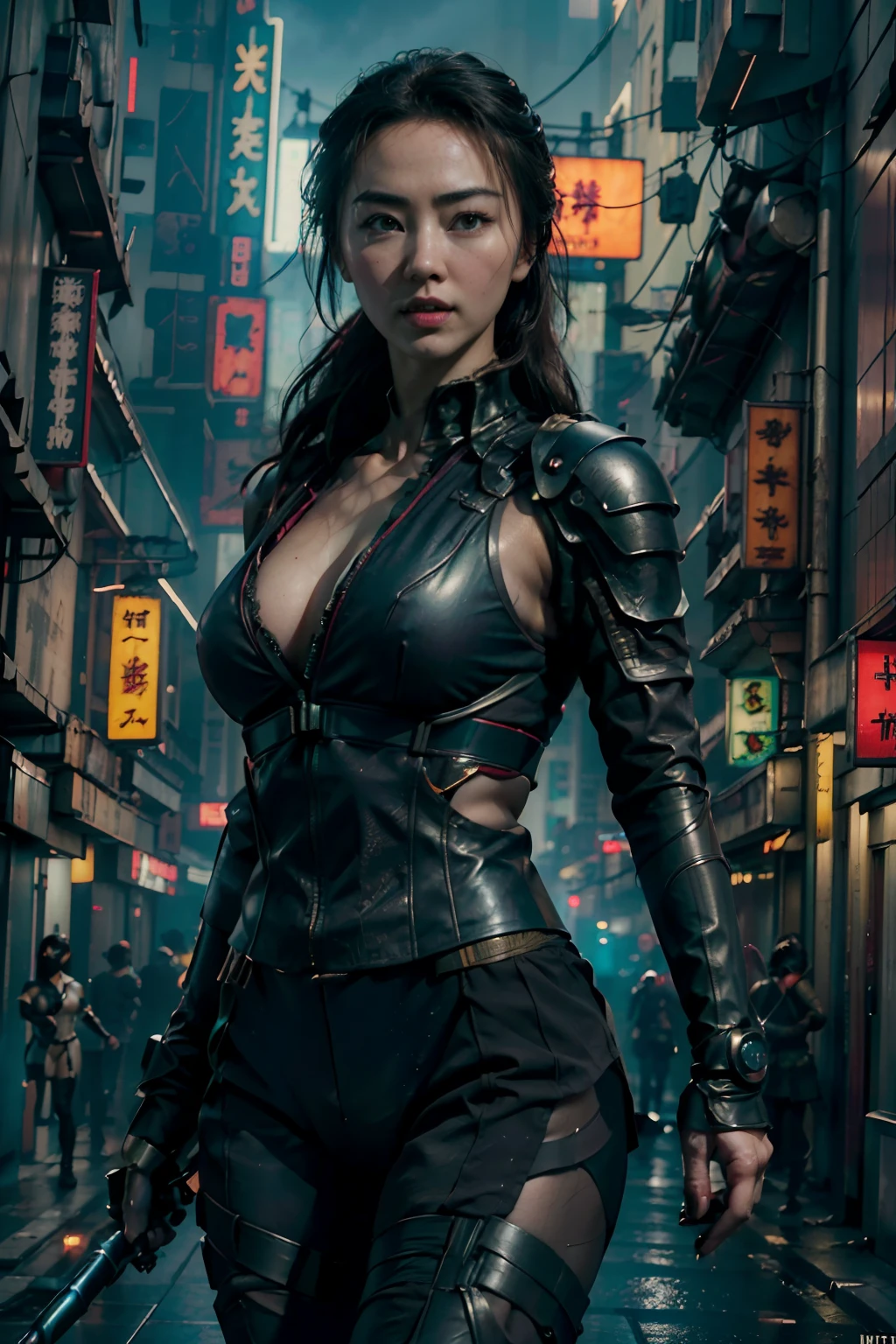 (((Jessica Henwick in a futuristic cyberpunk ninja assassin armor )), (dynamic pose), (masterpiece), (hyper realistic:1.4), (realistic:1.3), (best quality real texture skin),  (cinematic lighting), (movie scene), 1Beautiful woman, ((sexy, cleavage, nippin)), (glowing light), highly detailed skin, skin pores, (highly detailed face:1.1), (highly detailed eyes:1.1), realistic pupils, (perfect anatomy:1.1), (perfect proportions:1.1), (photography:1.1), (photorealistic:1.1), volumetric lighting, dynamic lighting, real shadows, (highres:1.1), sharp focus, (realistic, hyperrealistic:1.4), intricate, high detail, dramatic, subsurface scattering, big depth of field, vivid, polished, sharpened, ((full Sharp)), (extremely absurdres),8k hdr, ((cyberpunk Hong Kong city background))