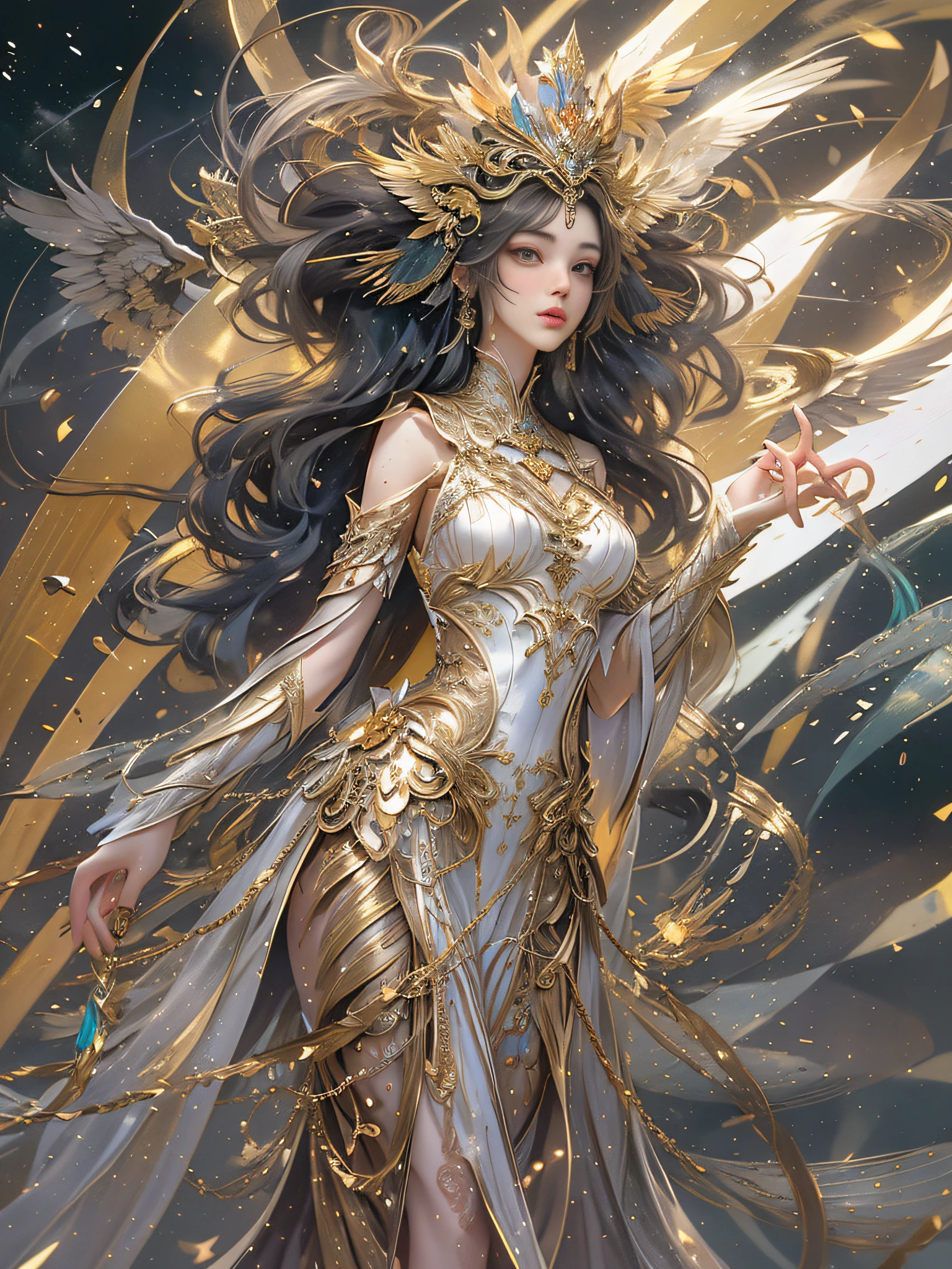 Mulher no vestido transparente dourado,Salto alto, (((seios enormes, clivagem grande))),cintura fina,(cintura nua), cabelos longos, Cabelo Sangrento, Detalhes ultra-detalhados,Zhenyi Elite Station, Rainwater pad, arte de fantasia detalhada, arte de personagem impressionante, Arte de personagem bonita e requintada, Bela armadura de ouro e prata, extremamente detalhado, na armadura brilhante, Tiaras e joias requintadas,Joias de cristal de filigrana, capturando o corpo inteiro, the Milky Way, visual deslumbrante, (dynamic stripes, caminhos de luz:1.2), cores vivas,