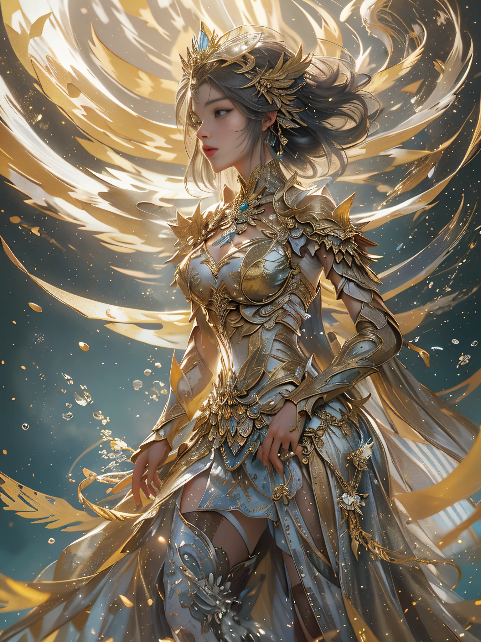 Mulher no vestido transparente dourado,Salto alto, (((seios enormes, clivagem grande))),cintura fina,(cintura nua), cabelos longos, Cabelo Sangrento, Detalhes ultra-detalhados,Zhenyi Elite Station, Rainwater pad, arte de fantasia detalhada, arte de personagem impressionante, Arte de personagem bonita e requintada, Bela armadura de ouro e prata, extremamente detalhado, na armadura brilhante, Tiaras e joias requintadas,Joias de cristal de filigrana, capturando o corpo inteiro, the Milky Way, visual deslumbrante, (dynamic stripes, caminhos de luz:1.2), cores vivas,