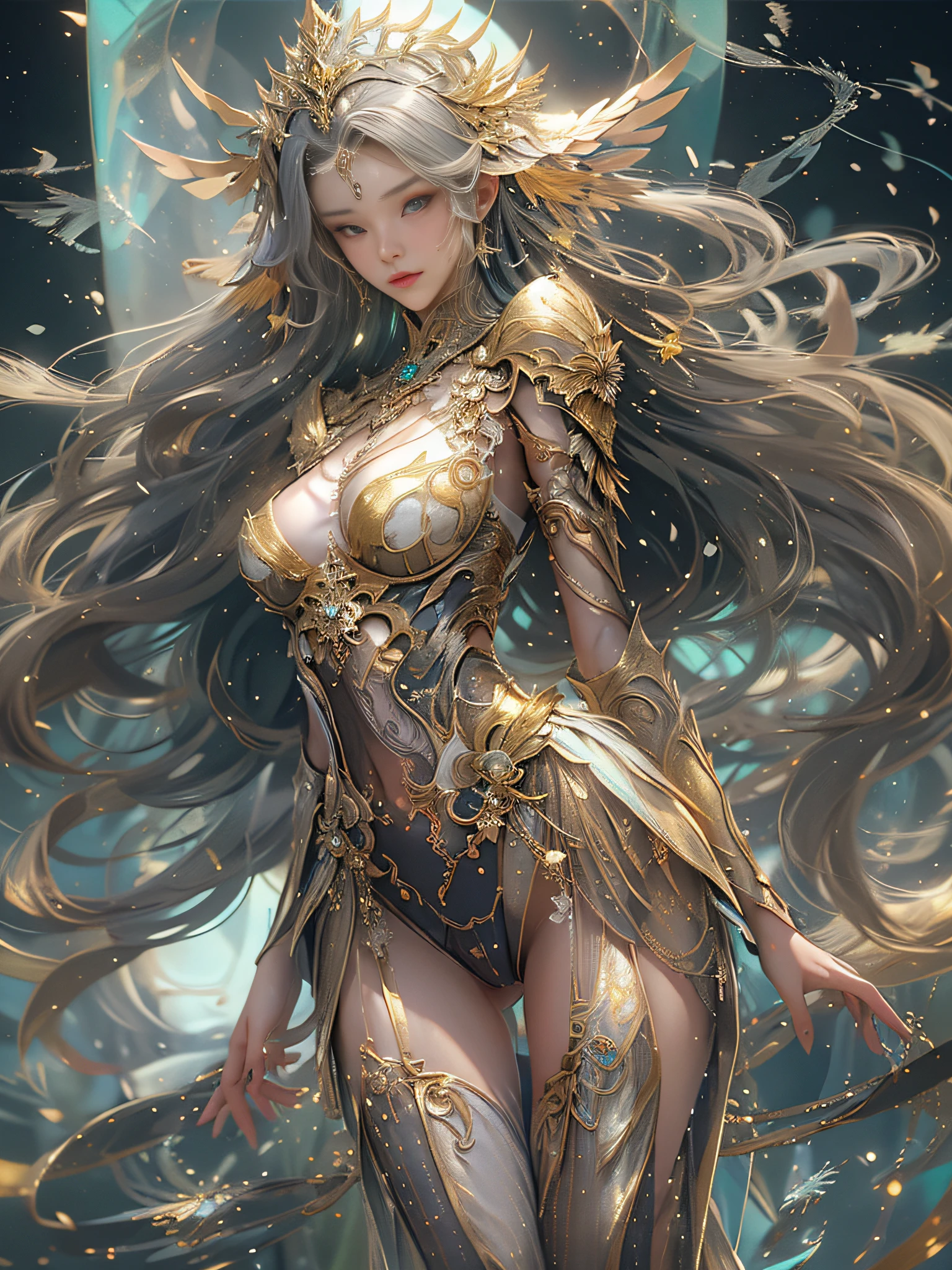 Mulher no vestido transparente dourado,Salto alto, (((seios enormes, clivagem grande))),cintura fina,(cintura nua), cabelos longos, Cabelo Sangrento, Detalhes ultra-detalhados,Zhenyi Elite Station, Rainwater pad, arte de fantasia detalhada, arte de personagem impressionante, Arte de personagem bonita e requintada, Bela armadura de ouro e prata, extremamente detalhado, Menina na armadura brilhante, Tiaras e joias requintadas,Joias de cristal de filigrana, capturando o corpo inteiro, the Milky Way, visual deslumbrante, (dynamic stripes, caminhos de luz:1.2), cores vivas,