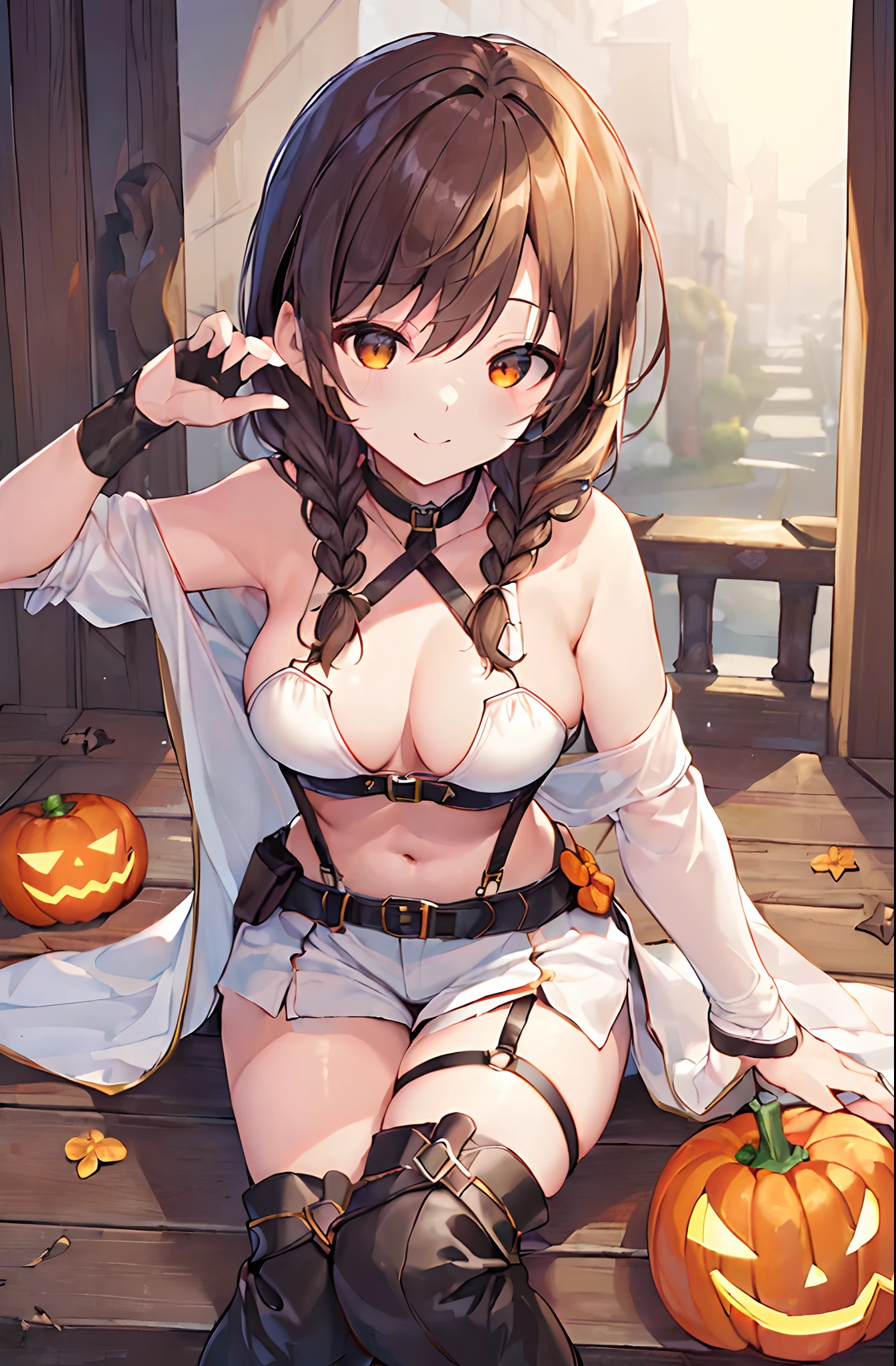 (top-quality:1.5)、(​masterpiece:1.5)、(hight resolution:2.0)、Beautiful girl alone、Halloween、jack-o-lanterns、Midnight、Bright bronze hair、(Medium Hair）、（A smile）、Braids、medium breasts、(white robes)、Orange costume、Strapless、underboob、buttoning、suspenders、Black_Shorts、cobblestone road、Bandage on the arm、garter ring、Black boots、Decoration of sweets、takeout