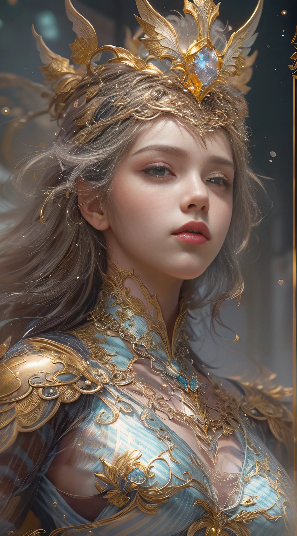 Mulher no vestido transparente dourado,Salto alto, (((seios enormes, clivagem grande))),cintura fina,(cintura nua), cabelos longos, Cabelo Sangrento, Detalhes ultra-detalhados,Zhenyi Elite Station, Rainwater pad, arte de fantasia detalhada, arte de personagem impressionante, Arte de personagem bonita e requintada, Bela armadura de ouro e prata, extremamente detalhado, Menina na armadura brilhante, Tiaras e joias requintadas,Joias de cristal de filigrana, capturando o corpo inteiro, the Milky Way, visual deslumbrante, (dynamic stripes, caminhos de luz:1.2), cores vivas,
