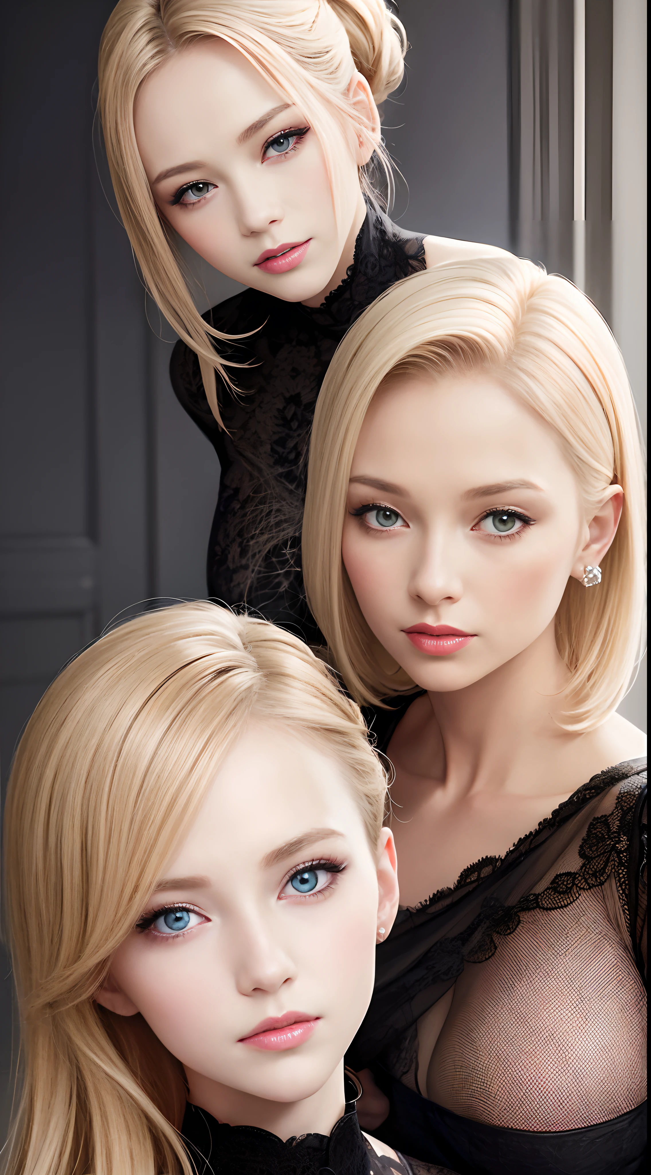 Elegant woman, about thirty years, Blonde, with hair up to the shoulders, regard charmant, yeux bleus, peau clair, loose hair, hyper realistic face, vue de face, qui sourie