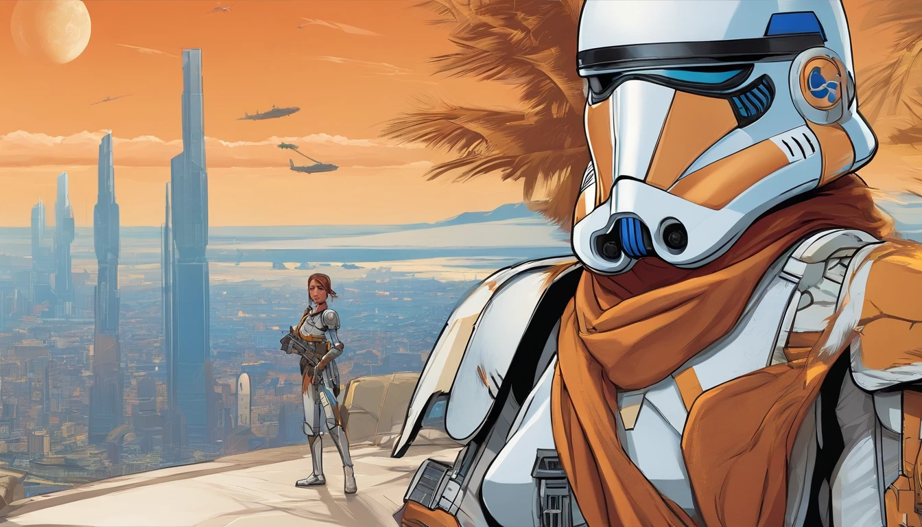 Portrait of a female Imperial stormtrooper with a city in the background, morena, hairlong, based on concept art by Magalie Villeneuve, trending on cg society, AB """Star Wars"": The Old Republic", influenced by Ralph McQuarrie's concept art. The stormtrooper has a strong and confident expression on his face, emphasizing detailed facial features, such as beautiful detailed eyes, detailed lips, and extremely detailed eyes and face. She is dressed in the traditional white armor of a stormtrooper, With a sleek and futuristic design. A work of art is visualized in the environment, Combining illustration elements, 3D Rendering, and photography, The result is a visually stunning and immersive piece. The colors and lighting are bright and dynamic, Enhancing the overall atmosphere of the artwork. Image quality is paramount, With the best quality, 4K or 8K resolution, hight resolution, And a masterpiece:1.2, which makes it a true masterpiece in terms of quality and detail.