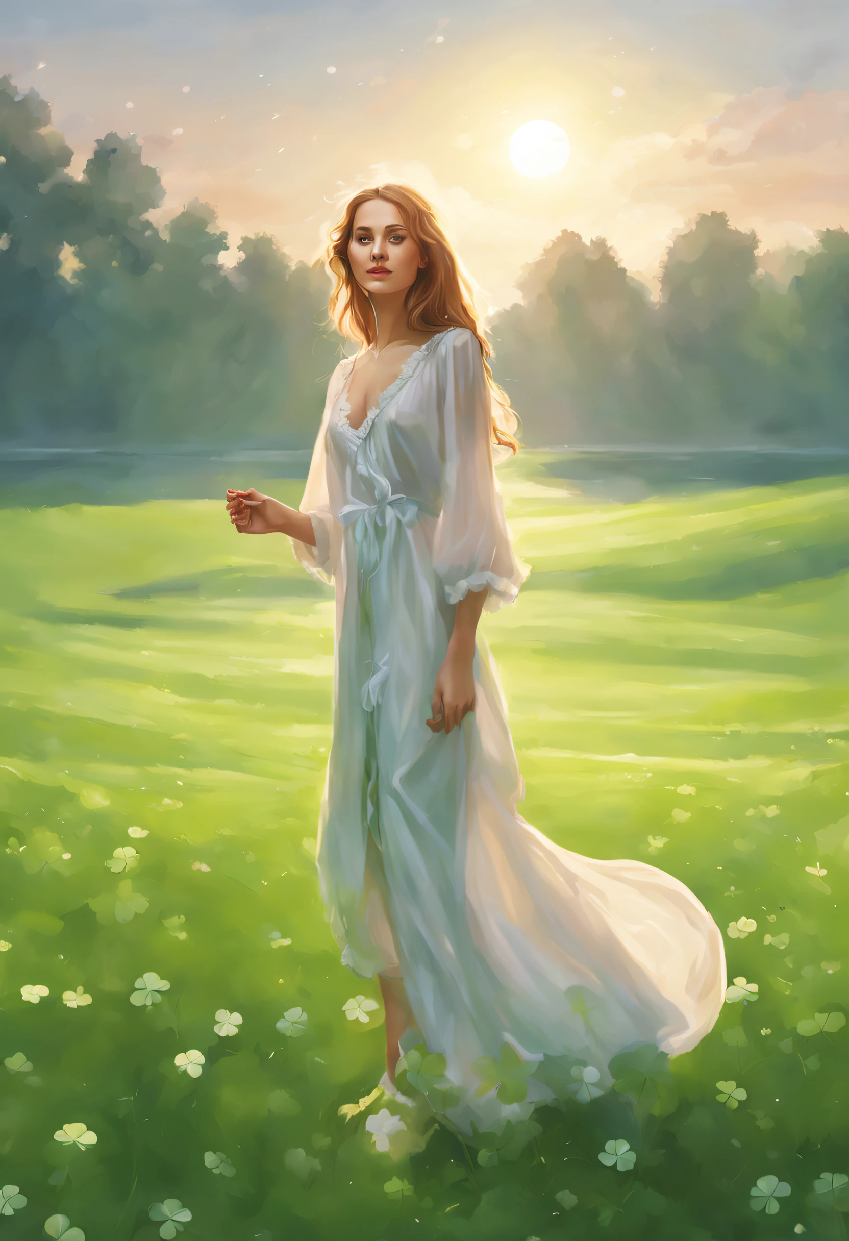 a beautiful woman in a nightgown walking on the grass and a four-leaf clover in the morning