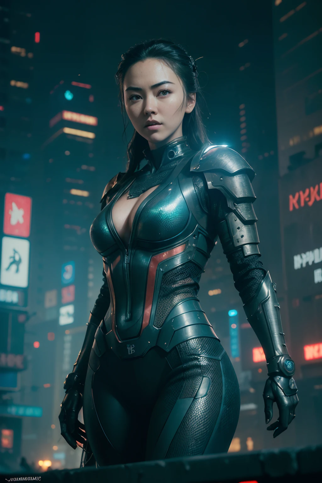 (((Jessica Henwick in a futuristic cyberpunk ninja assassin armor, glowing robotic ninja armor )), (dynamic pose), (masterpiece), (hyper realistic:1.4), (realistic:1.3), (best quality real texture skin),  (cinematic lighting), (movie scene), 1Beautiful woman, (glowing light), highly detailed skin, skin pores, (highly detailed face:1.1), (highly detailed eyes:1.1), realistic pupils, (perfect anatomy:1.1), (perfect proportions:1.1), (photography:1.1), (photorealistic:1.1), volumetric lighting, dynamic lighting, real shadows, (highres:1.1), sharp focus, (realistic, hyperrealistic:1.4), intricate, high detail, dramatic, subsurface scattering, big depth of field, vivid, polished, sharpened, ((full Sharp)), (extremely absurdres),8k hdr, ((cyberpunk Hong Kong city background))