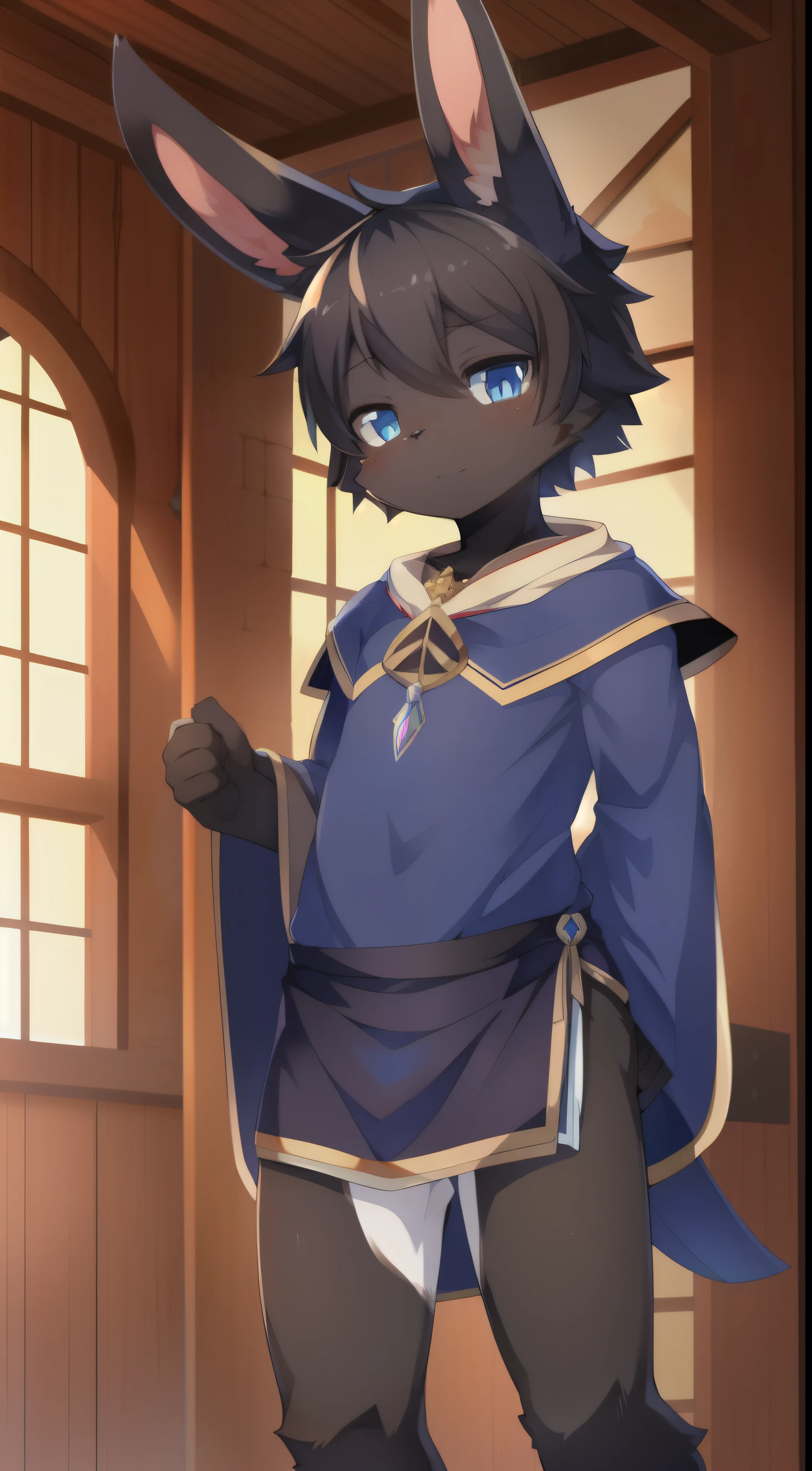 masterpiece, solo, 1boy, Furry, kemono, furry rabbit, anthropomorphic, male, black fur, black skin, blue eyes, wizard clothes, sexy clothes, fantasy town, femboy, uploaded on e621,