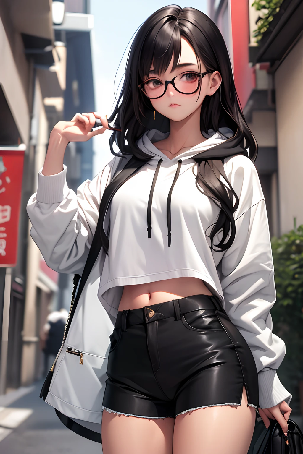 (masterpiece, best quality), 1girl, 18, beautiful face, black hair, beautiful hair, black glasses, firm ass, hoodie, baggy shorts, shorts, thighs, shy, asian eyes, blush, quiet