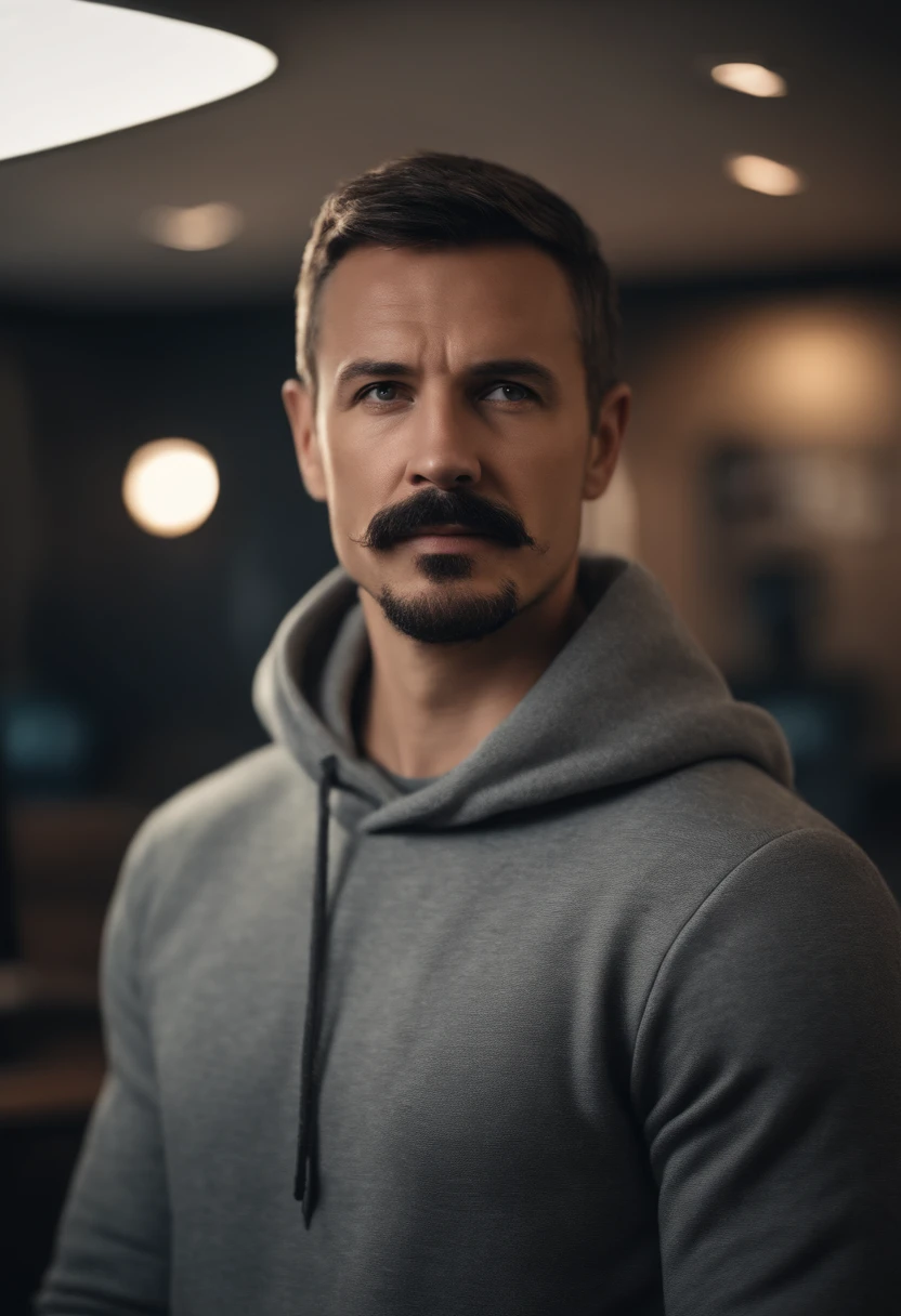 Avatar of a man with gray hoodie with mustache and goatee, short hair with room office background