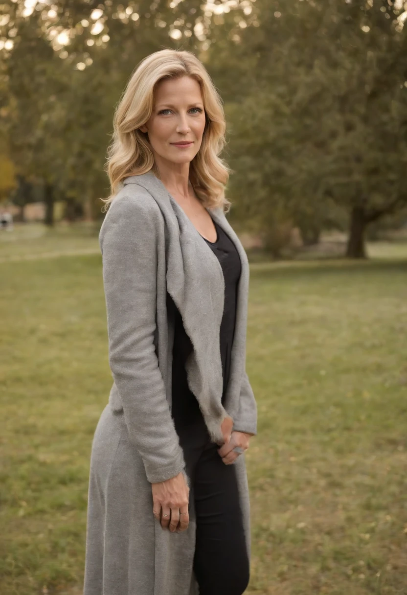debout dans un parc, Anna Gunn the actress of Breaking Bad, a l'age de 35 ans , very high quality, Baby skin, sans ride, American, sexy,  gros joux, gros sein, elle une femme ronde sexy, It weighs 80 kg, joux ronde ,elle a des hanches