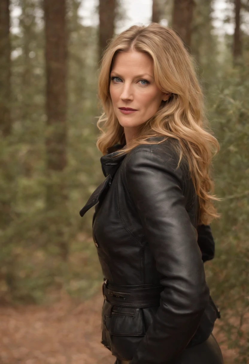 louise lombard, Elizabeth Lascelles, Teen Wolf, 40 years old, long messy light blonde hair, blue eyes, open black jacket, elegant black dress with glitter, black heels, fox pendant, white wolf print. forest background fox aura around black color