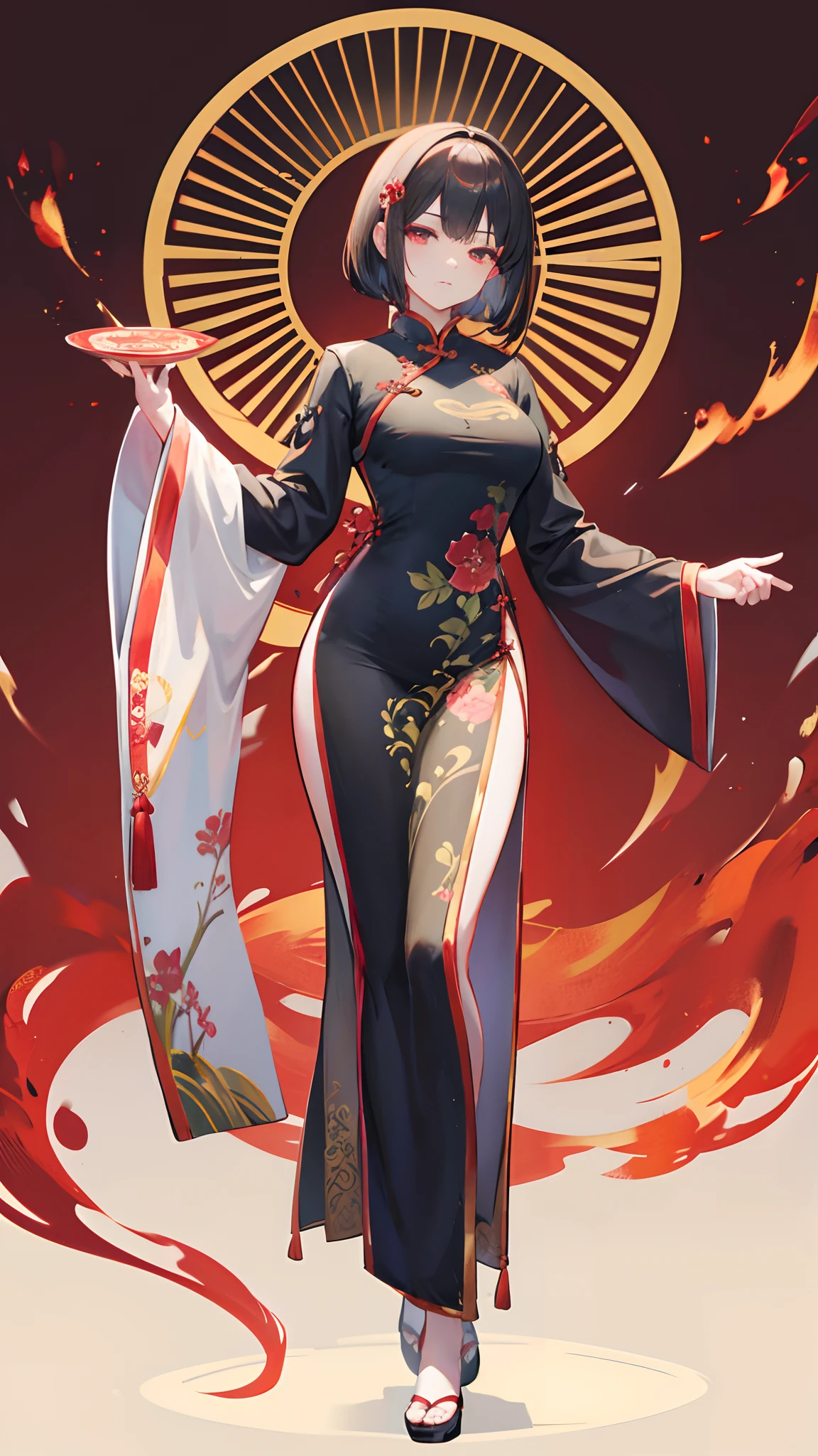 ornate detail,Full body like,Long cheongsam,brunette color hair,Single horsetail,Chiaroscuro,China-style,Folding fan in hand,stately,great