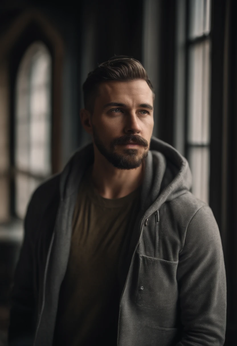 Avatar of a man with gray hoodie with short mustache and goatee, short hair with room office background