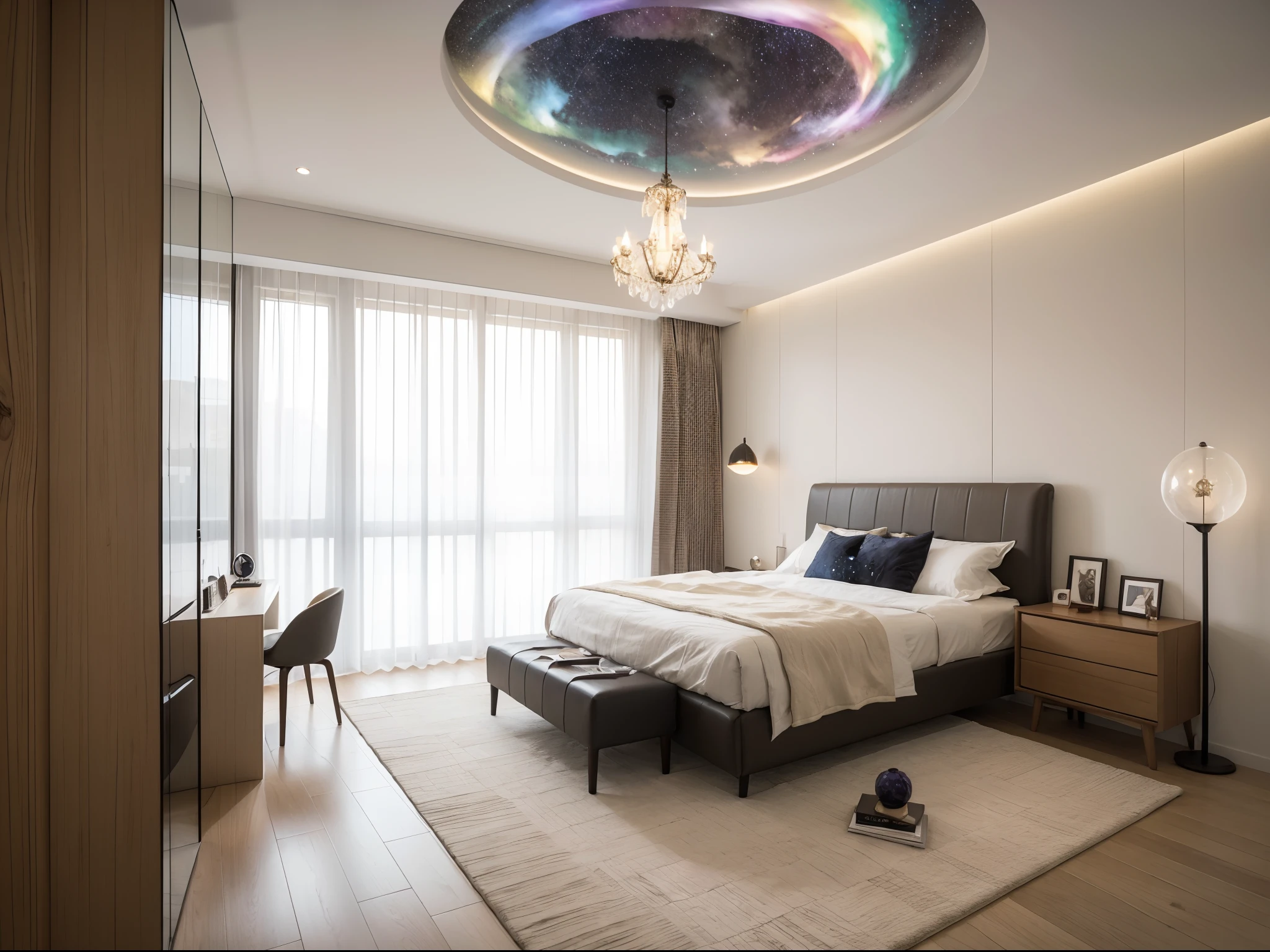 (best quality,highres,masterpiece:1.2),ultra-detailed,realistic,purple door with an embedded sapphire opened wide,a dreamy bedroom scene appears. Starry lights shine through the ceiling, sparkling like diamonds in the dark night. A blooming rainbow cloud hovers above the bed, creating a fairy-tale atmosphere. A gentle rainbow projector at the bedside casts brilliant and enchanting lights, transforming the room into a captivating wonderland.