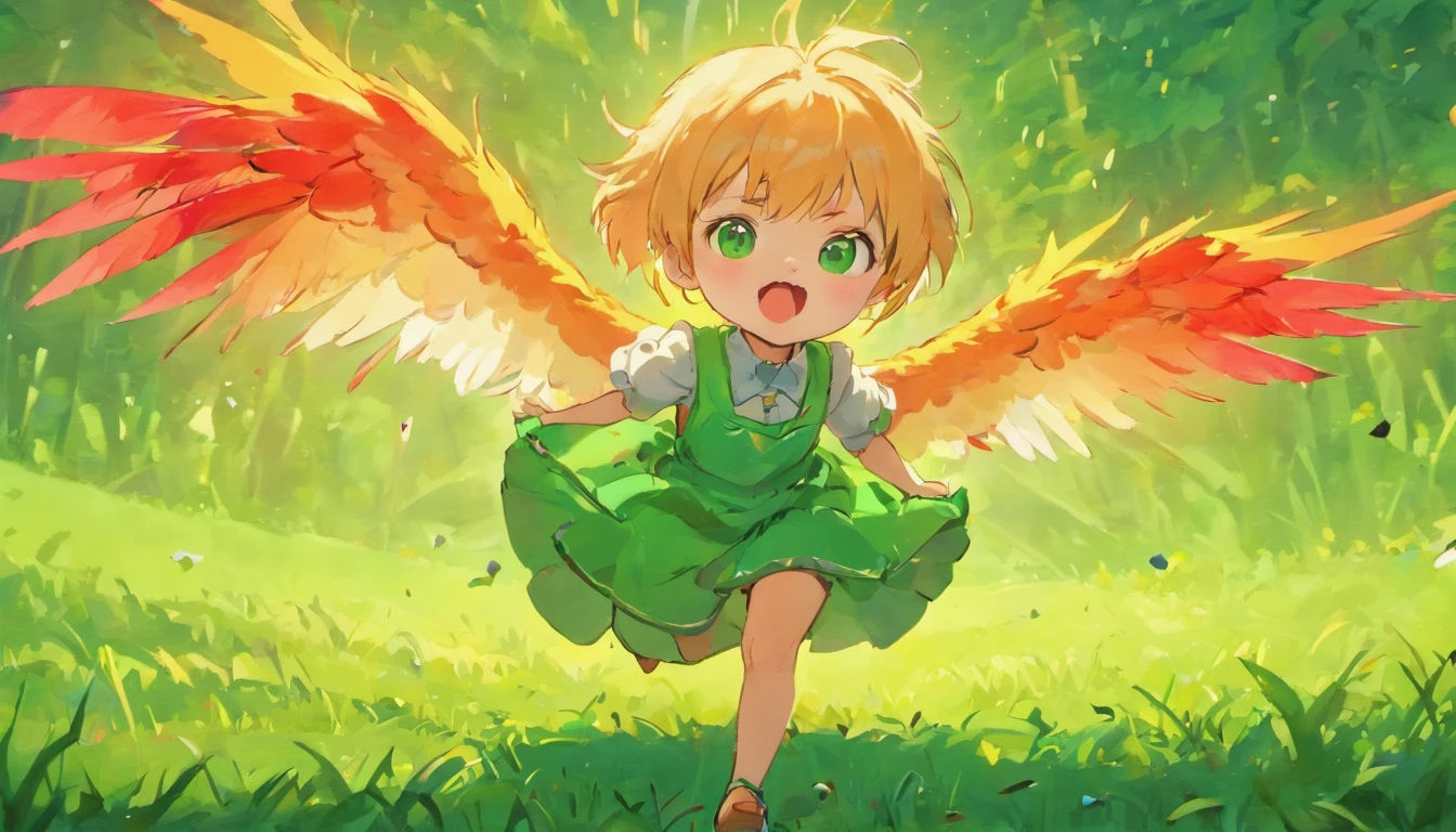 cute baby chicken with red feathers, happy, playing and running on the ground in a green grass farm ::n_ angry face, mad expression,