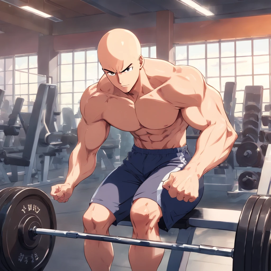 Saitama, Um homem de soco, masculino, Working out intensely in a bodybuilding gym