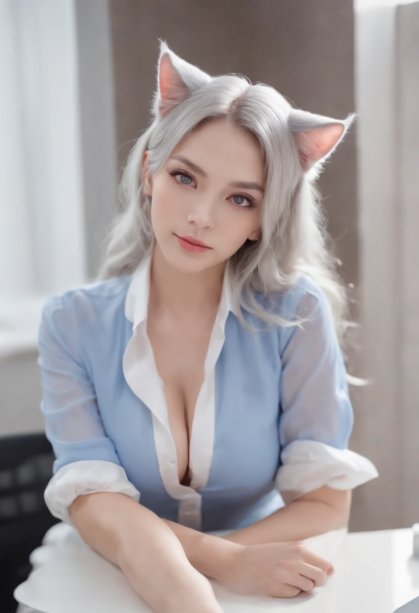 1 girl, catgirl, cat ears, heterochromia, different eye color, 1 blue eye, 1 red eye, cute, smiling, shiny skin, silver hair, big breasts, official attire, office lady, suit, skirt, unbuttoned shirt, transparent shirt, see through shirt, bra, visible bra, pink bra, whole body, legs, feet, indoors, office, desk, sitting on a desk,