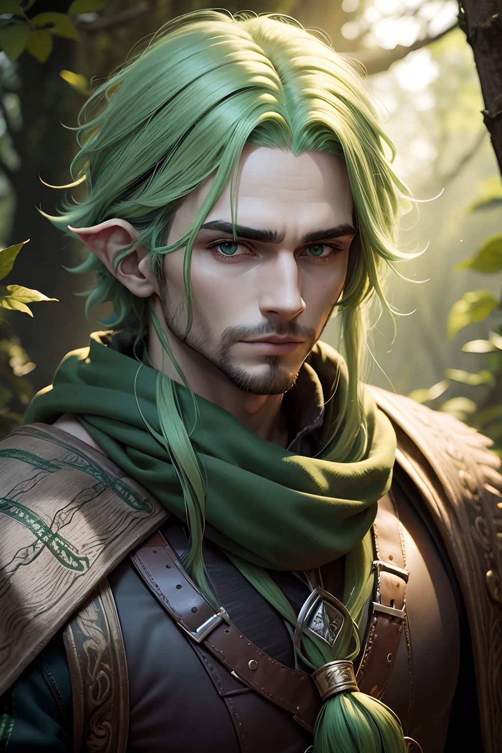 Druida meio elfo masculino com cabelo escuro e olhos verdes usando couro