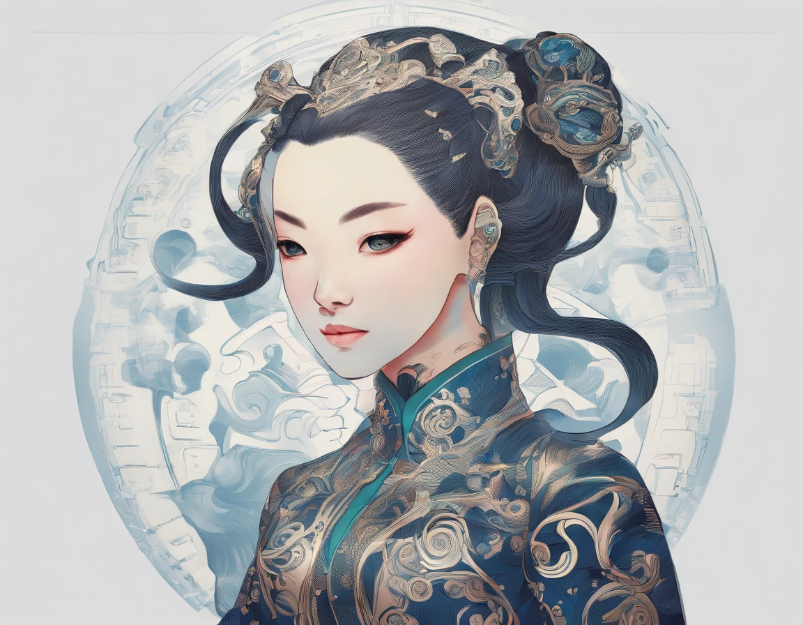 ornate detail，Full body like，Long cheongsam，brunette color hair，Single horsetail，Chiaroscuro，China-style，Folding fan in hand，stately，Great