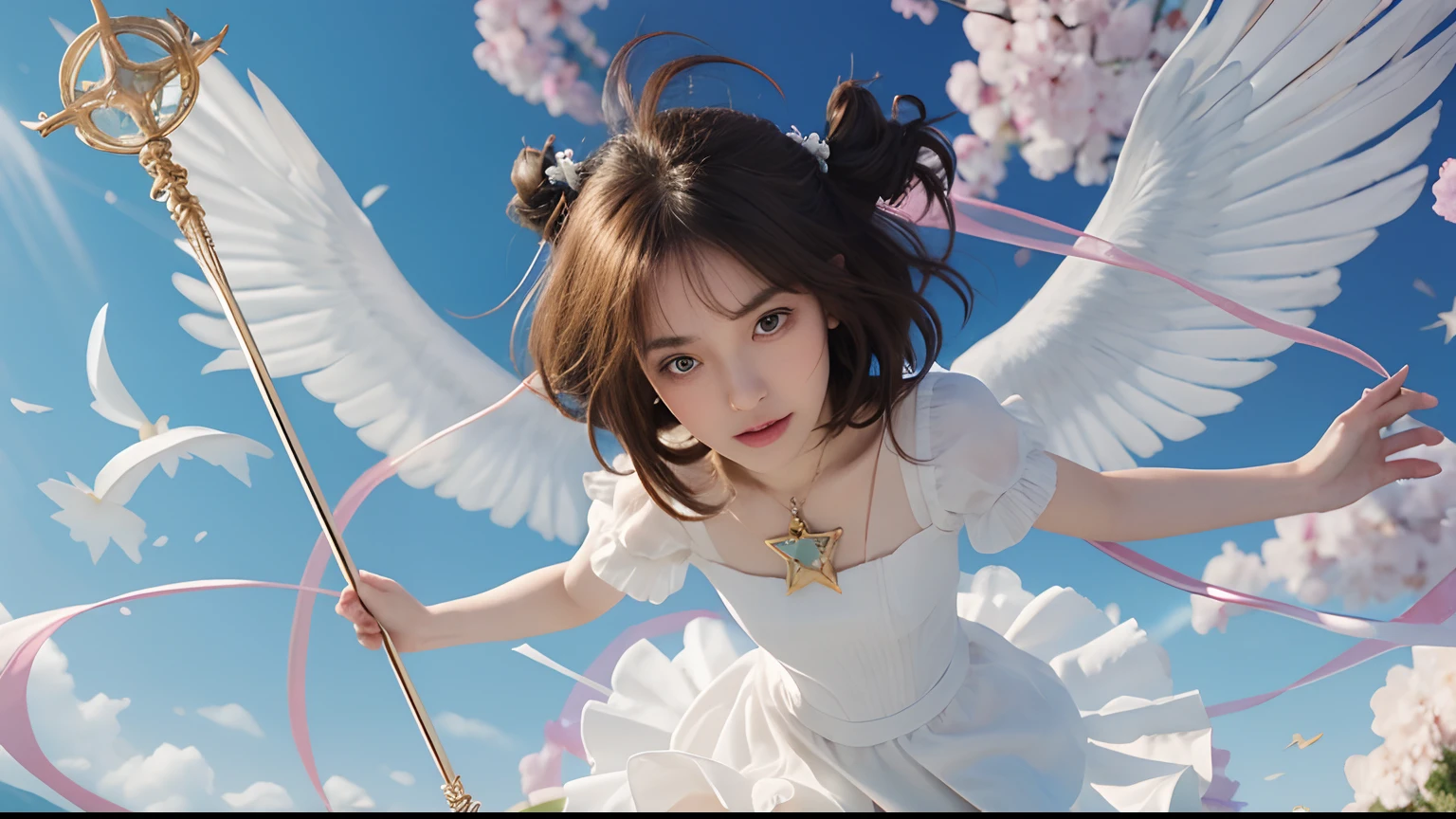High resolution, realistic. Sakura, Masterpiece, front view. slightly from above. etherial. beautiful girl, 1girl, big green eyes, beautiful face, detailed face, delicate nose, delicate lips, delicate lips, short light brown hair, straight hair, easy hair, bands. Hair blowing in the air. Wearing a delicate dress. Perfect dress. White wings. Handle a staff. Star neckless. Sky landscape.