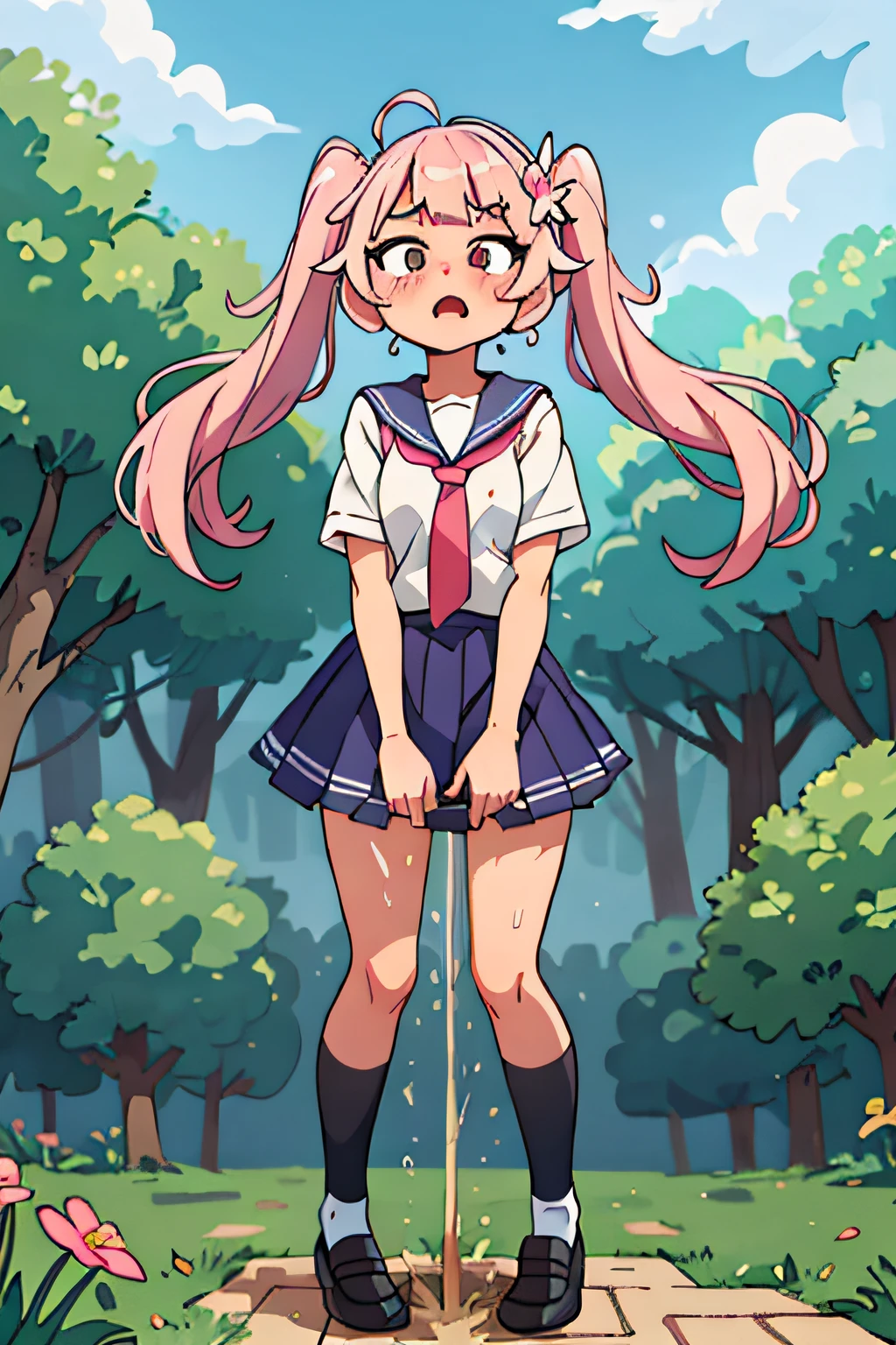 ((best quality, masterpiece)), 1girl, skirt, princess pink dress, flowers, white messy hair, twintails, school uniform, pleated skirt, necktie, shoes, serafuku, fang, blue skirt, black pantyhose, peeing self, peeing, pee, pee in pants, standing, white shirt, outdoor, clouds on background,fantasy, medieval, castle on background