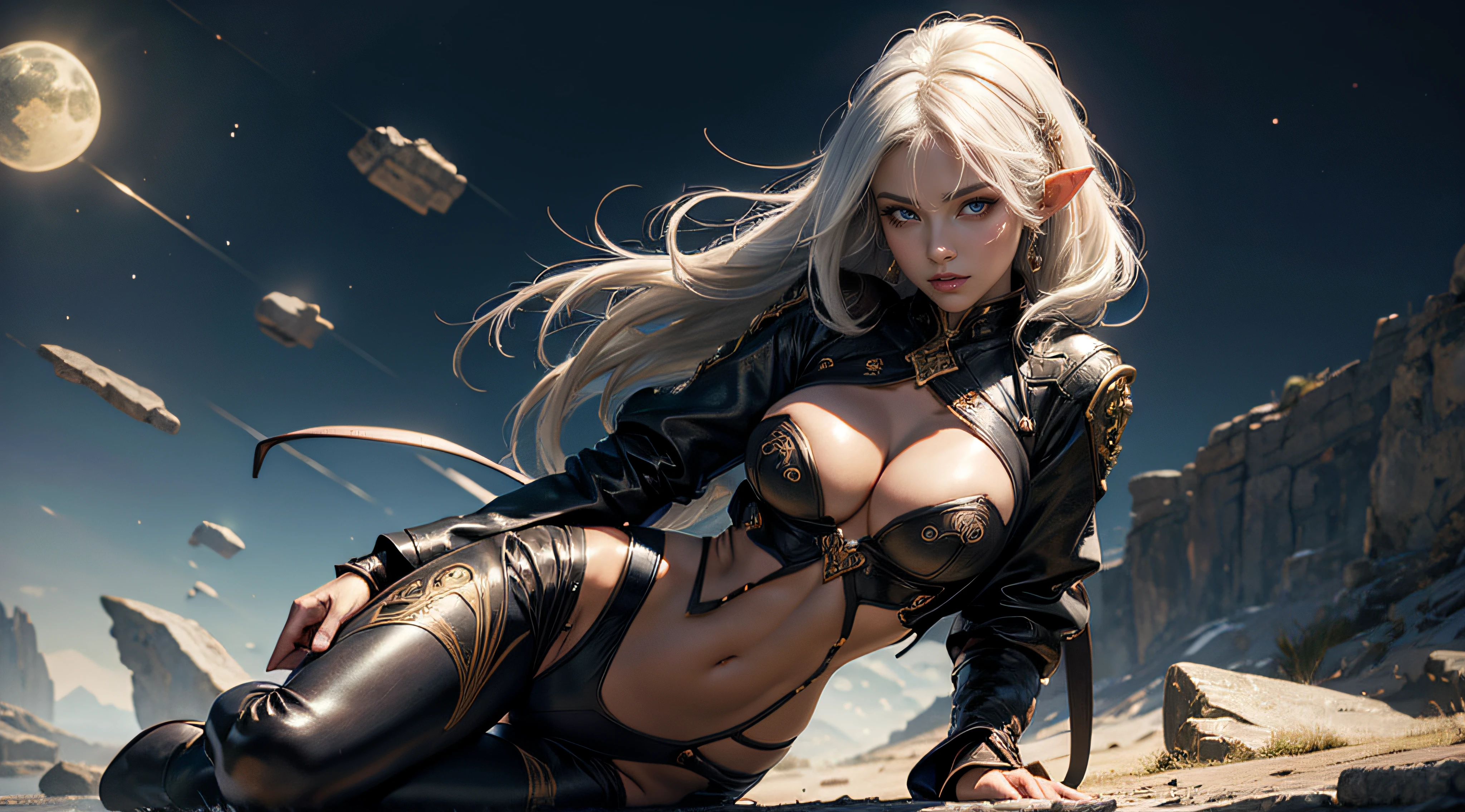 one beautiful woman, perfect body curve, elf women, white haired, dark skinned, dark elf, woman, brown leather, pants, straps, stomach, anime art, HIGH QUALITY, MASTERWORK, , full body, shirt print , vector , extremely detailed eyes, dynamic print , anime girl, zoomed out, golden ratio body, hourglass body, cleavage, bare breasts, seductive