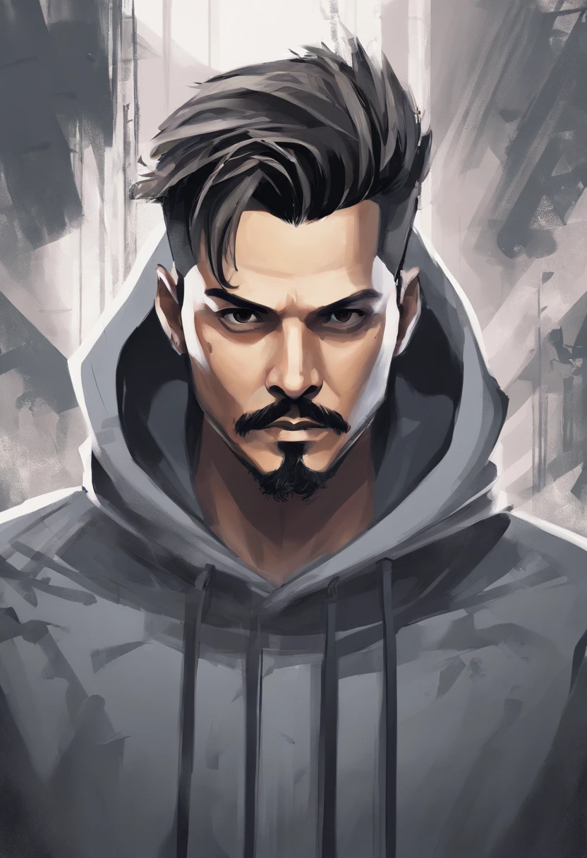 Avatar of a man with gray hoodie with johnny depp mustache and goatee, buzz cut with office background
