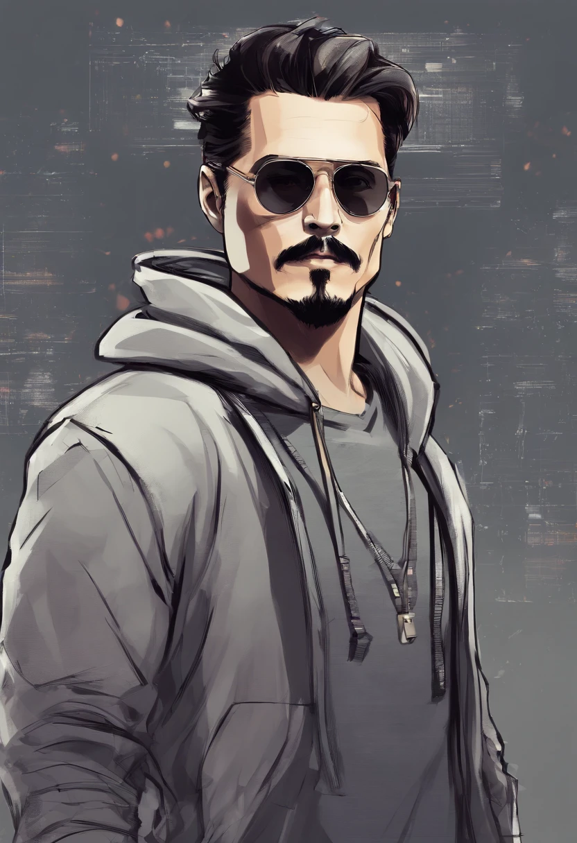 Avatar of a man with gray hoodie with johnny depp mustache and goatee, buzz cut with office background