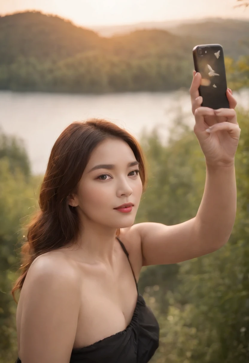 1 belle jeune femme asiatique et un colibri embrassant sa joue ((selfie du haut du corps, content)), Masterpiece, Best quality, Ultra-detailed, terre, outdoor, (Nuit), montagnes, nature, (stars, lune) gai, content, woods, pierres, river, Bois, smoke, ombre, contraste, clear sky, style, (ton chaud, ton chaud): 1.2), gros plan, cinematic light, side lighting, ultra highres, Meilleure ombre, .RAW, Haut du corps, Realistic style