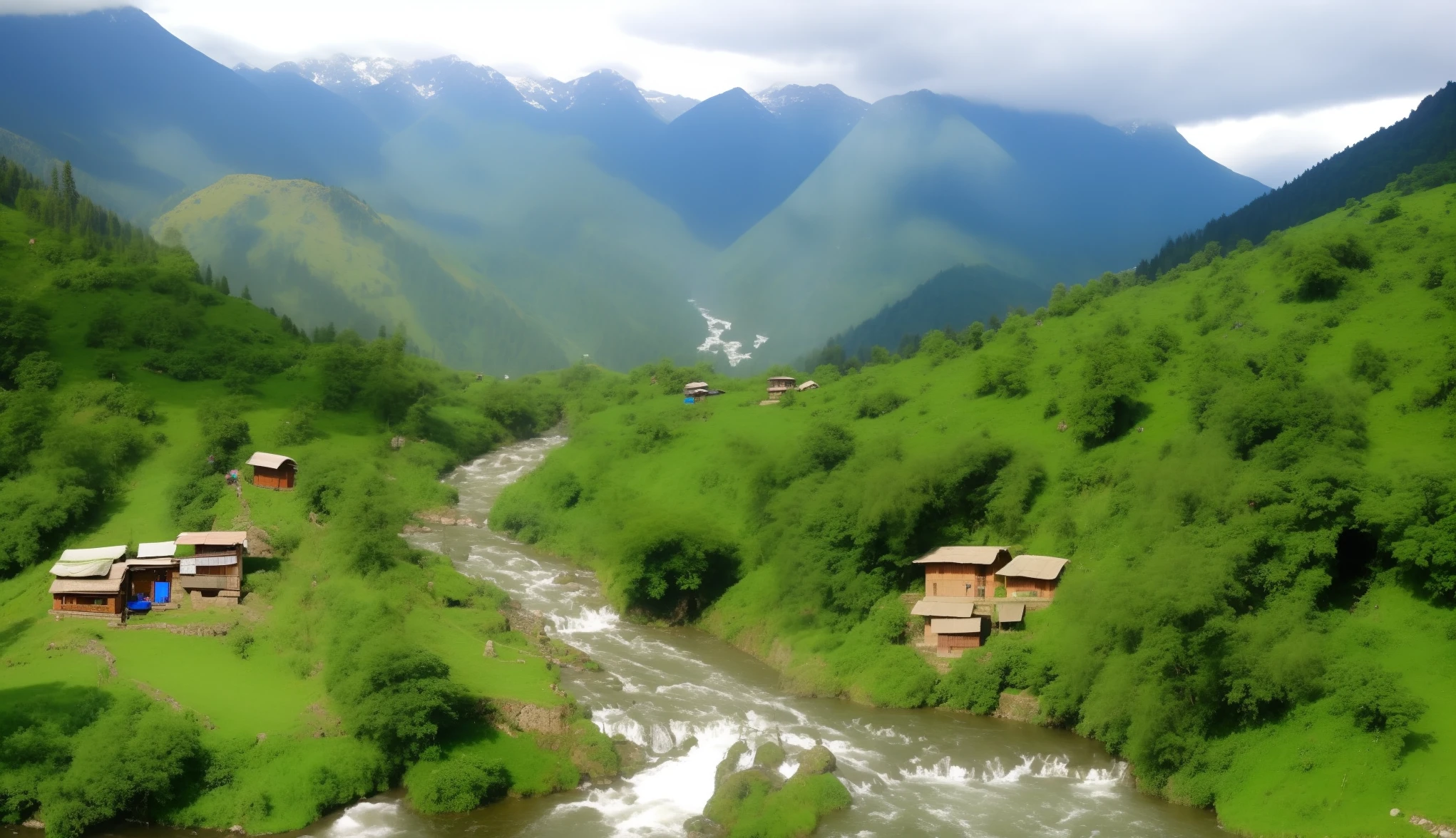 A seen like sonapath kashmir full of green in mid having a waterfall and the diversities . And havind a small hut in mid with a narrow path
