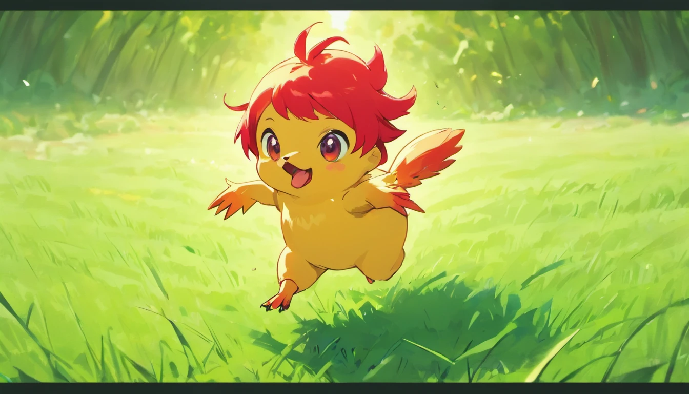 cute chicken with red feathers, happy, playing and running on the ground  in a green grass farm (( chicken)) ::n_ angry face, mad expression,