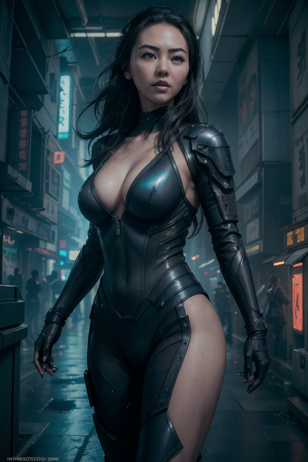 (((Jessica Henwick in a futuristic cyberpunk ninja assassin armor )), (dynamic pose), (masterpiece), (hyper realistic:1.4), (realistic:1.3), (best quality real texture skin), (cinematic lighting), (movie scene), 1Beautiful woman, ((sexy, cleavage, nippin)), (glowing light), highly detailed skin, skin pores, (highly detailed face:1.1), (highly detailed eyes:1.1), realistic pupils, (perfect anatomy:1.1), (perfect proportions:1.1), (photography:1.1), (photorealistic:1.1), volumetric lighting, dynamic lighting, real shadows, (highres:1.1), sharp focus, (realistic, hyperrealistic:1.4), intricate, high detail, dramatic, subsurface scattering, big depth of field, vivid, polished, sharpened, ((full Sharp)), (extremely absurdres),8k hdr, ((cyberpunk Hong Kong city background))