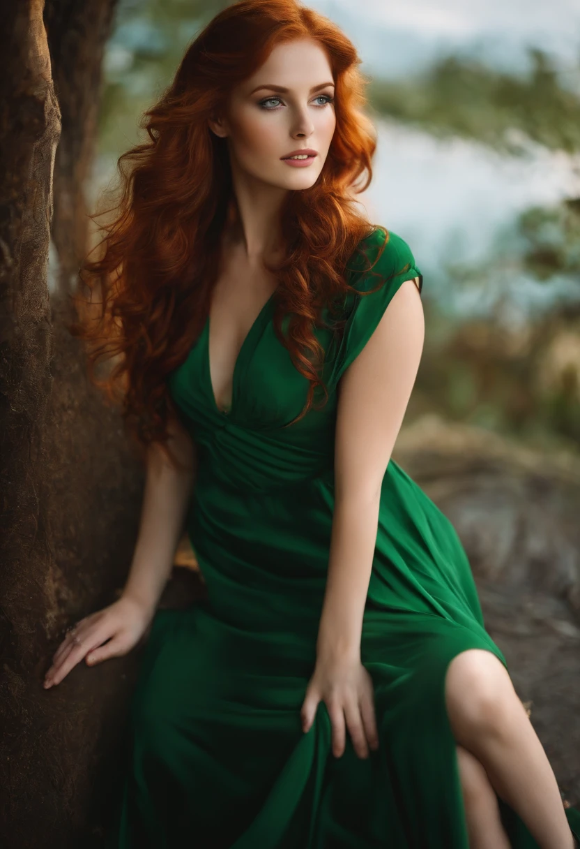 I want the image of a woman with long, wavy hair, redhead, green eyes, 24 years old and sexy