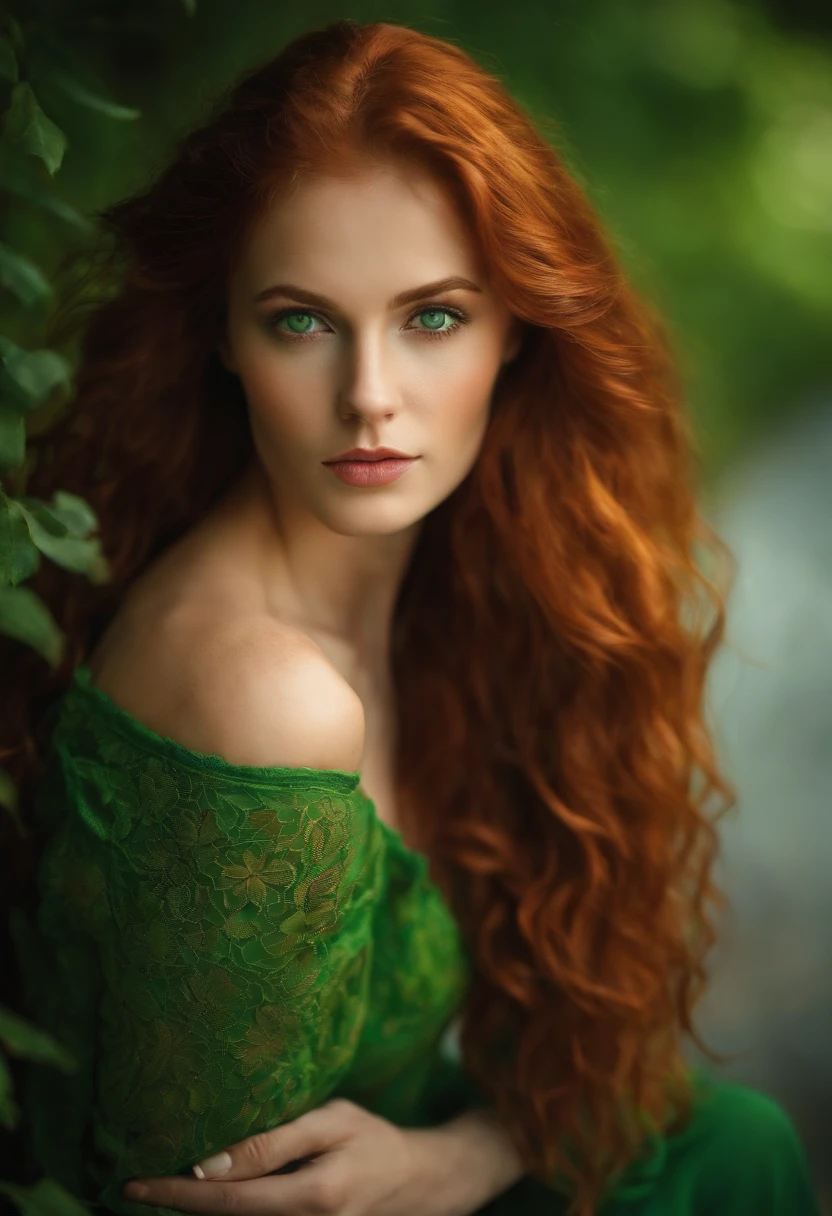 I want the image of a woman with long, wavy hair, redhead, green eyes, 24 years old and sexy