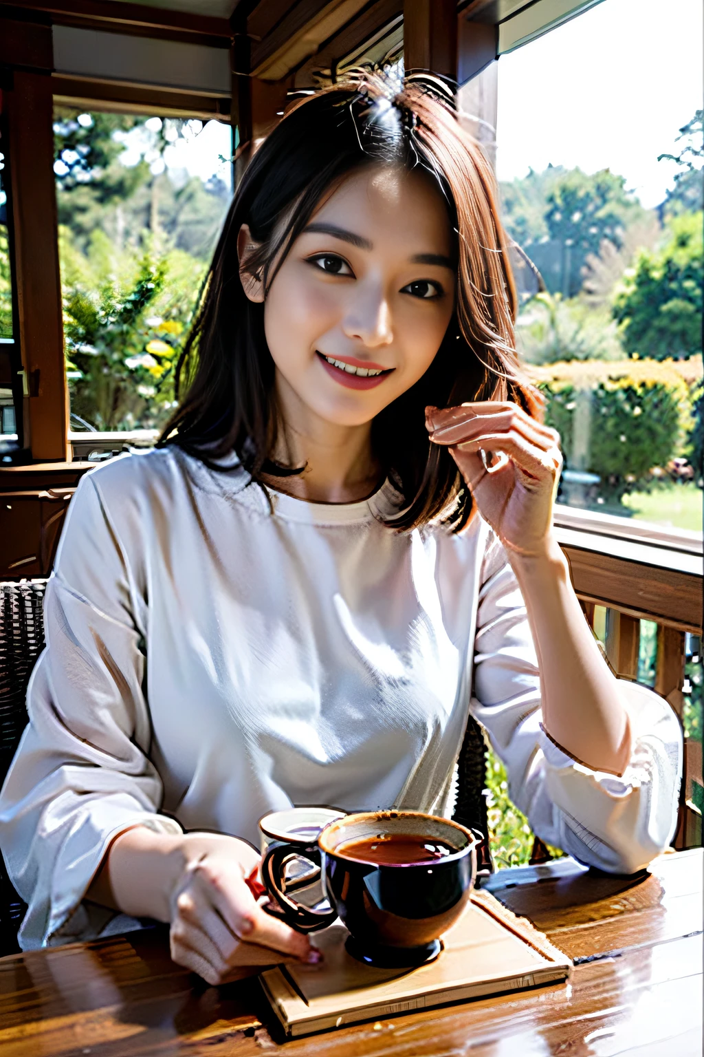 Smiling and drinking tea