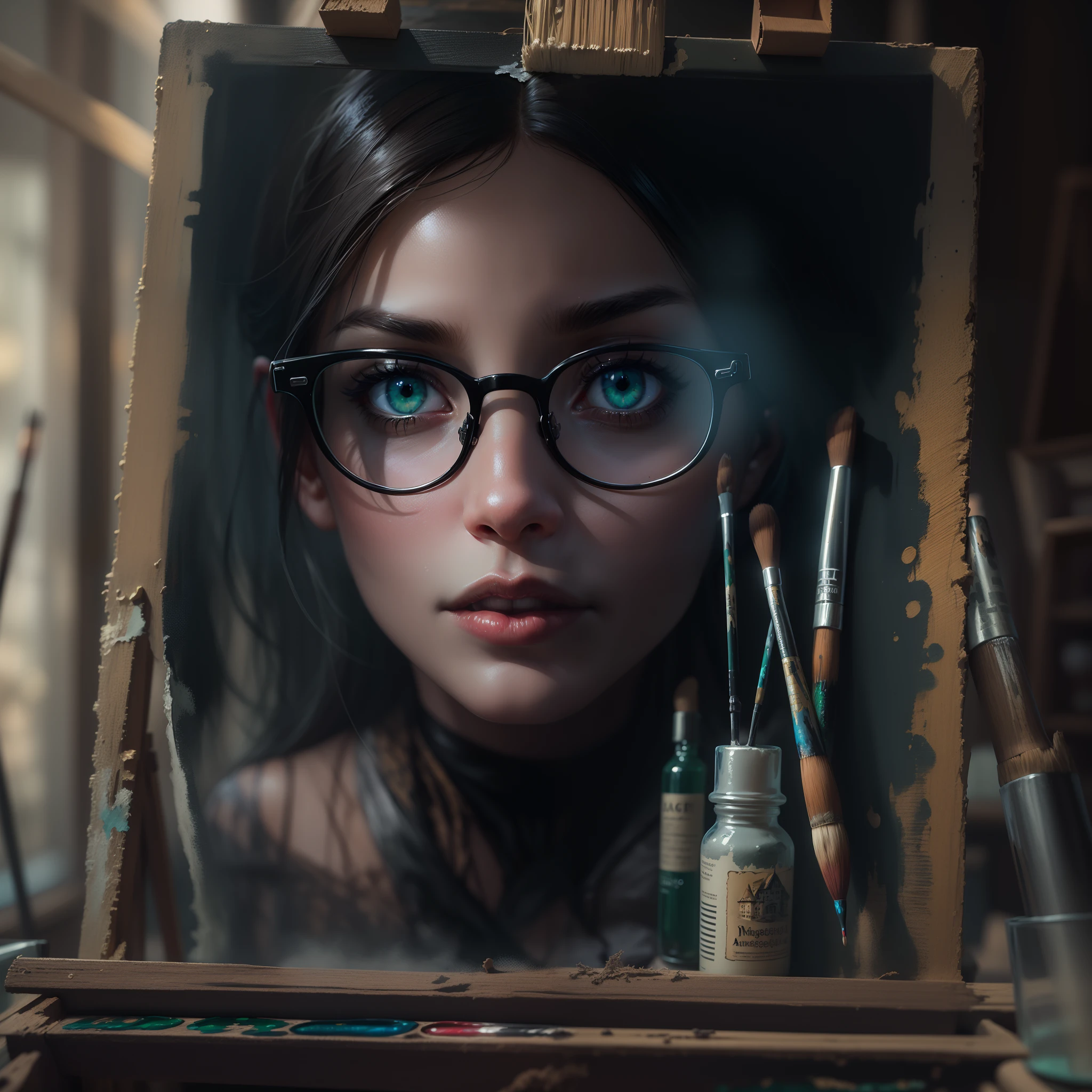 (best quality,4k,8k,highres,masterpiece:1.2),ultra-detailed,(realistic,photorealistic,photo-realistic:1.37),portraits,detailed green eyes,detailed lips,long eyelashes,beautiful woman with glasses,black shoulder length hair,stunning facial features,creative atmosphere,art studio,easel,paint brush,spooky castle,haunting atmosphere,gloomy lighting,atmospheric ambiance,deep shadows,dark colors,mysterious aura,impressive details,painted acrylic paint bottle, watercolor box, paint brushes, pallet, talent,professional artist,passionate expression,inspiration,masterpiece,painting technique,creative process,focused,concentration.