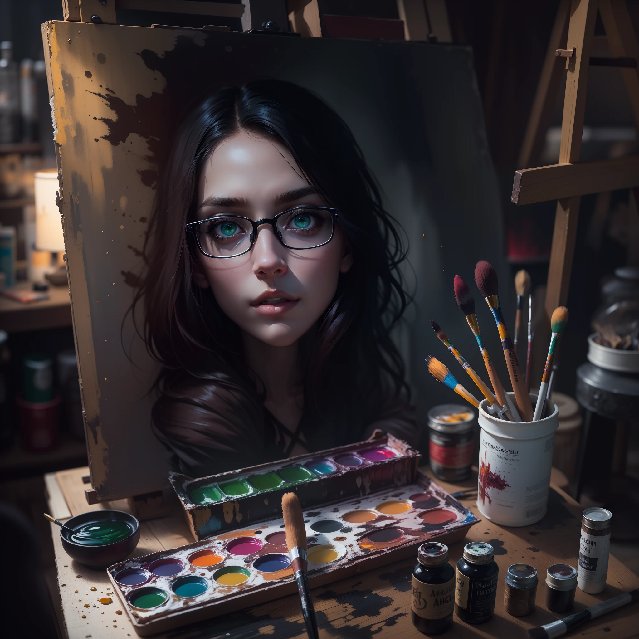 (best quality,4k,8k,highres,masterpiece:1.2),ultra-detailed,(realistic,photorealistic,photo-realistic:1.37),portraits,detailed green eyes,detailed lips,long eyelashes,beautiful woman with glasses,black shoulder length hair,stunning facial features,creative atmosphere,art studio,easel,paint brush,spooky castle,haunting atmosphere,gloomy lighting,atmospheric ambiance,deep shadows,dark colors,mysterious aura,impressive details,painted acrylic paint bottle, watercolor box, paint brushes, pallet, talent,professional artist,passionate expression,inspiration,masterpiece,painting technique,creative process,focused,concentration.