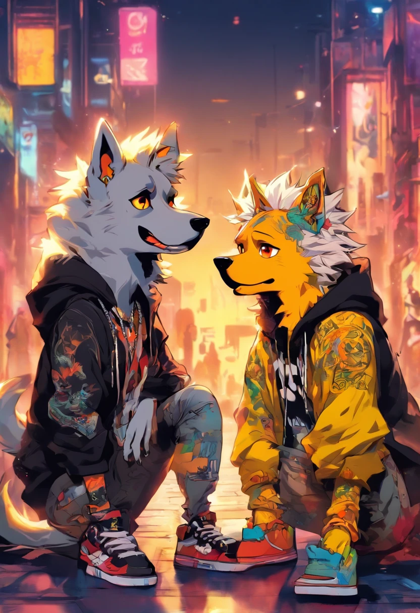 Two cool and trendy dogs talking to each other, White hair, Yellow eyes, Wear trendy hip-hop clothes, Wearing a hoodie, Graphic T-shirt and ripped jeans, Lots of tattoos and piercings, Doodle style background, Highly detailed background, perfect masterpiece, High quality, High resolution