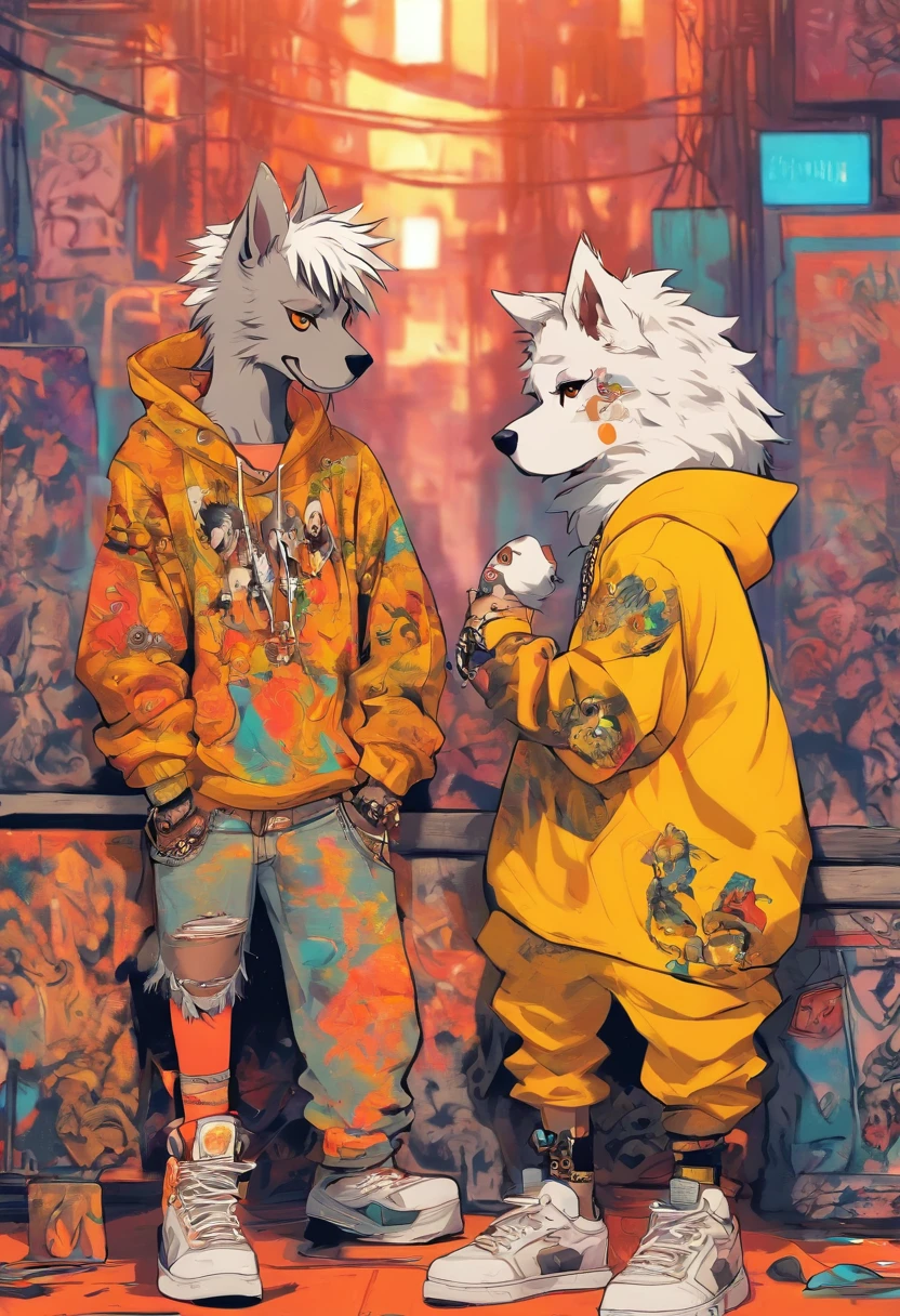 Two cool and trendy dogs talking to each other, White hair, Yellow eyes, Wear trendy hip-hop clothes, Wearing a hoodie, Graphic T-shirt and ripped jeans, Lots of tattoos and piercings, Doodle style background, Highly detailed background, perfect masterpiece, High quality, High resolution