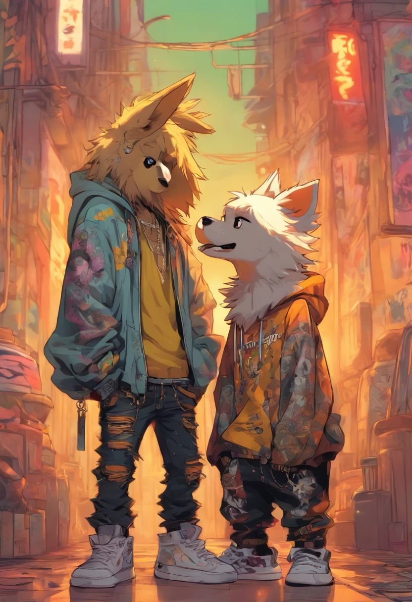 Two cool and trendy dogs talking to each other, White hair, Yellow eyes, Wear trendy hip-hop clothes, Wearing a hoodie, Graphic T-shirt and ripped jeans, Lots of tattoos and piercings, Doodle style background, Highly detailed background, perfect masterpiece, High quality, High resolution