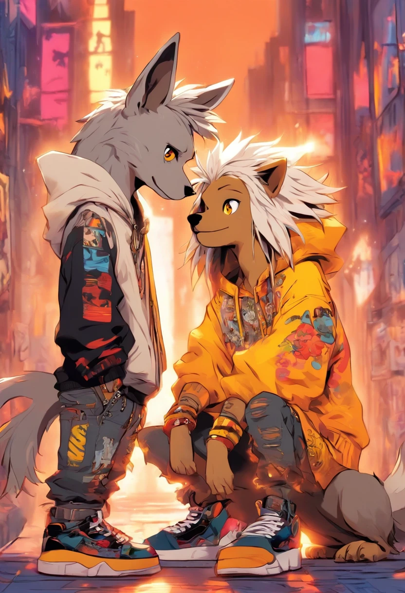 Two cool and trendy dogs talking to each other, White hair, Yellow eyes, Wear trendy hip-hop clothes, Wearing a hoodie, Graphic T-shirt and ripped jeans, Lots of tattoos and piercings, Doodle style background, Highly detailed background, perfect masterpiece, High quality, High resolution