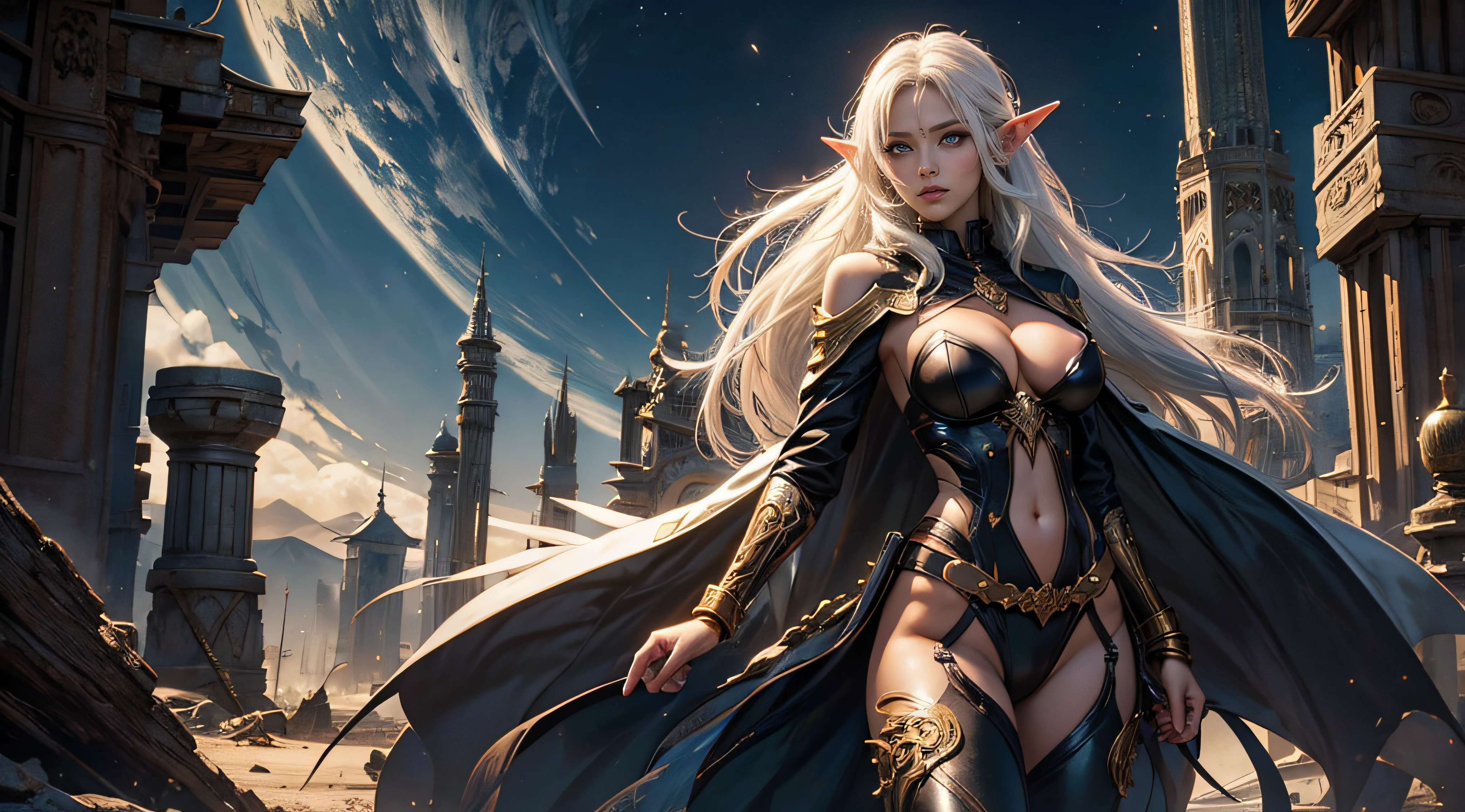 one beautiful woman, perfect body curve, elf women, white haired, dark skinned, dark elf, woman, brown leather, pants, straps, stomach, anime art, HIGH QUALITY, MASTERWORK, , full body, shirt print , vector , extremely detailed eyes, dynamic print , anime girl, zoomed out, golden ratio body, hourglass body, cleavage, bare breasts, seductive
